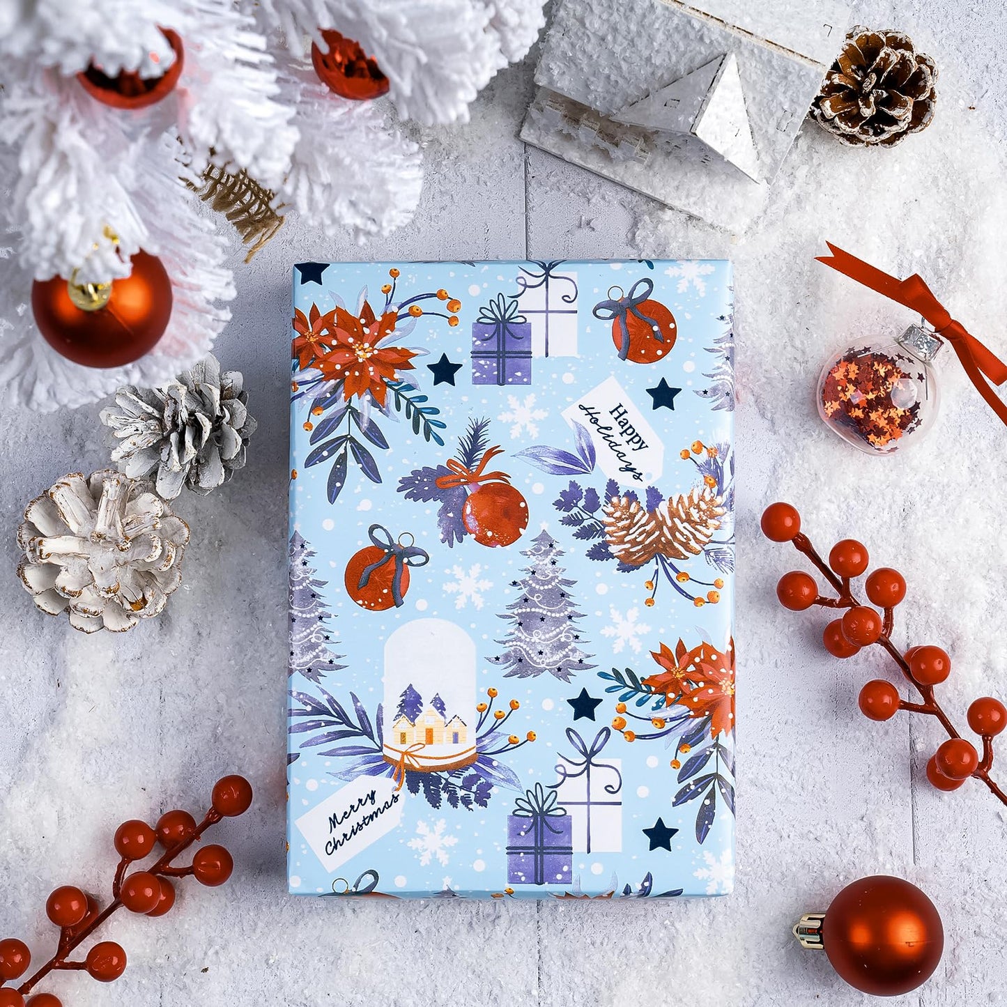 Reversible Christmas Wrapping Paper - Mini Roll - 17 Inch x 33 Feet - Red & Blue Snow Globe, Poinsettias and Snowflake Wrapping Paper for Xmas Holiday, Party Celebration