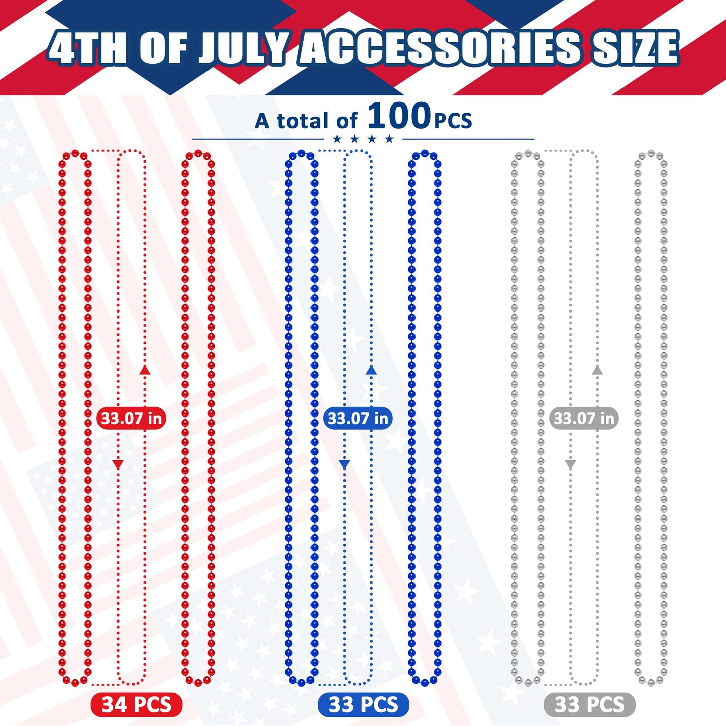 100PCS 4th of July Accessories: Independence Day Beads Necklace Bulk, Fourth of July Red Blue Silver Necklace Party Favors for Patriotic Parade Party Celebration Favors Decorations