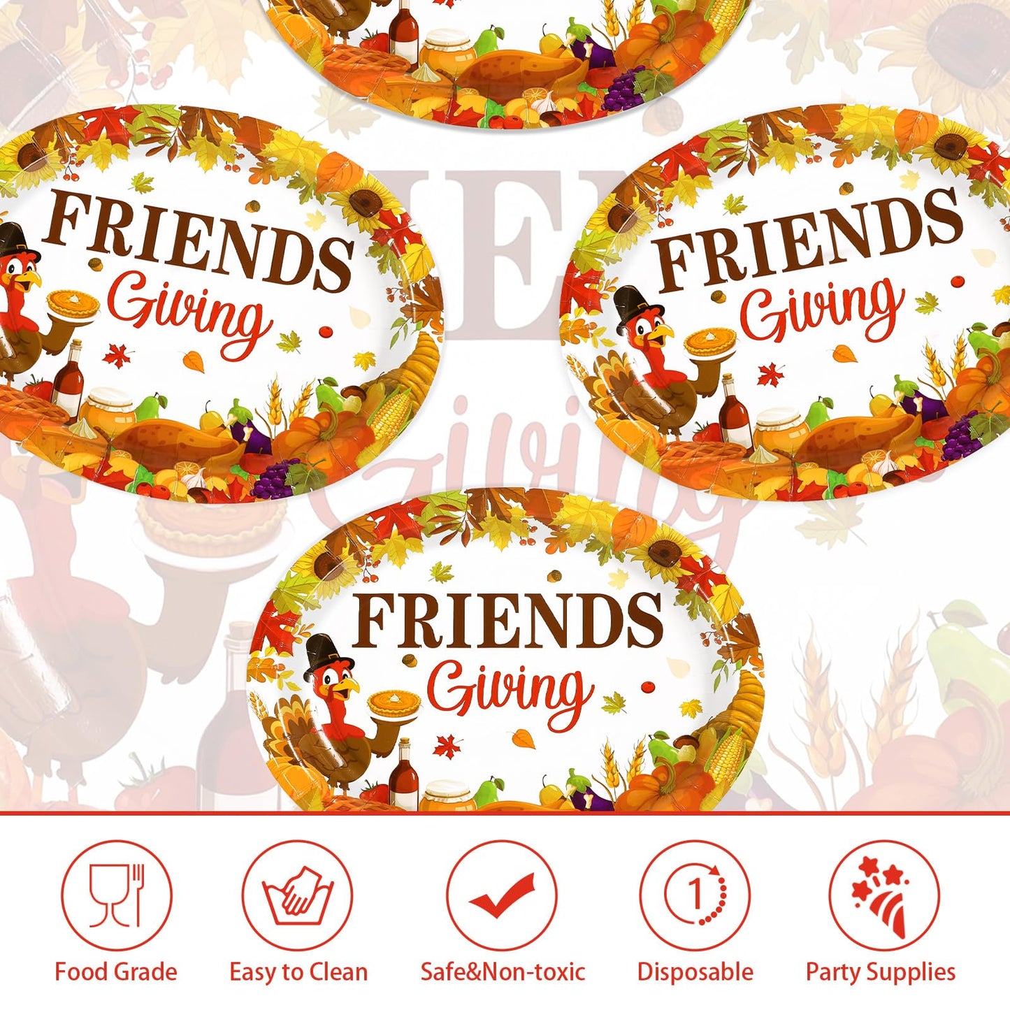 50Pcs Friendsgiving Oval Plates 10"x12" Large Fall Thanksgiving Turkey Paper Plates Disposable Heavy Duty Turkey Harvest Pumpkin Dinner Platter for Autumn Fall Friendsgiving Friends Thanks Party Decor