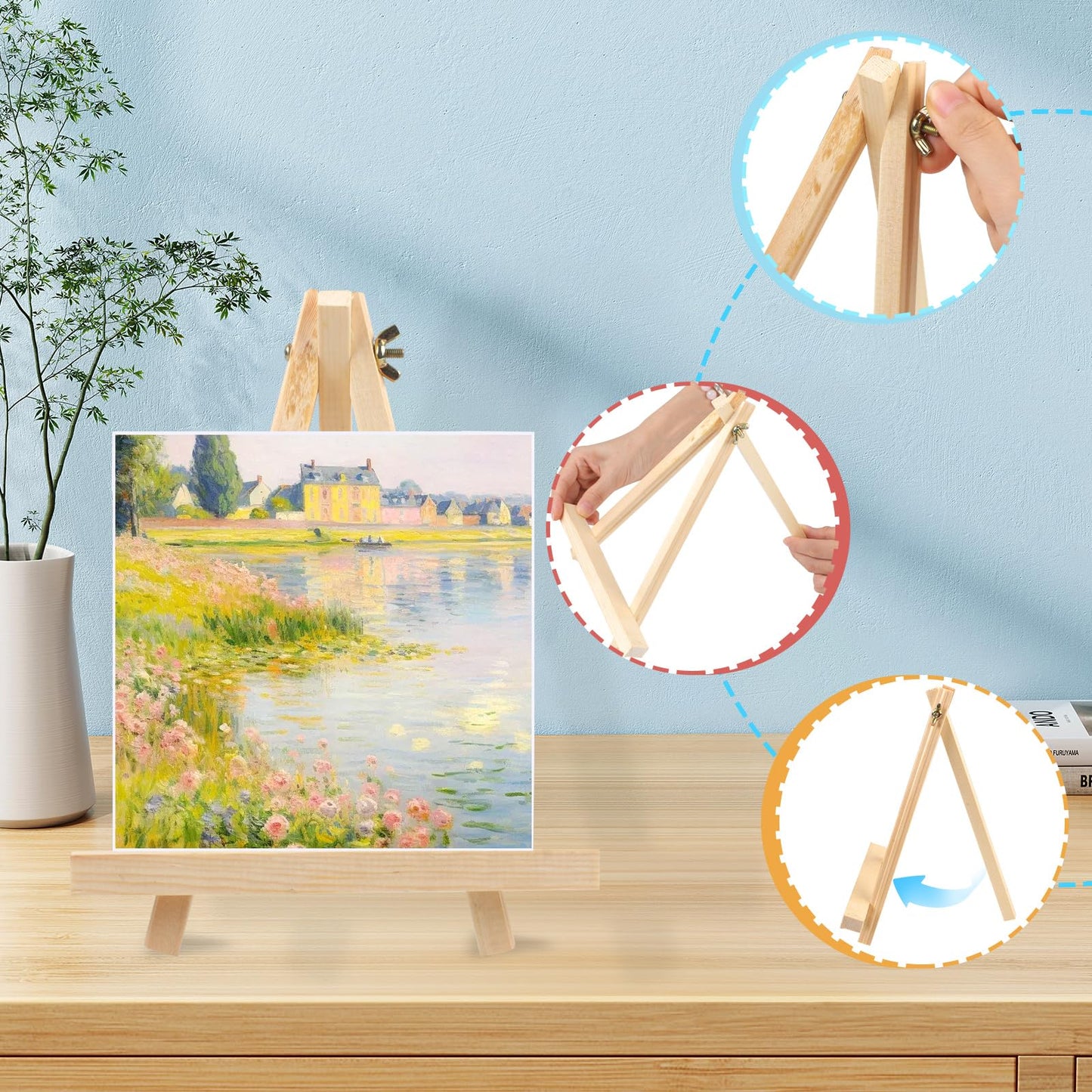 4PCS 9 Inch Wood Easels, Tripod, Painting Party Easel, Kids Student Tabletop Easels for Painting, Easel Stand for Painting Canvases, Portable Canvas Photo Picture Sign Holder.