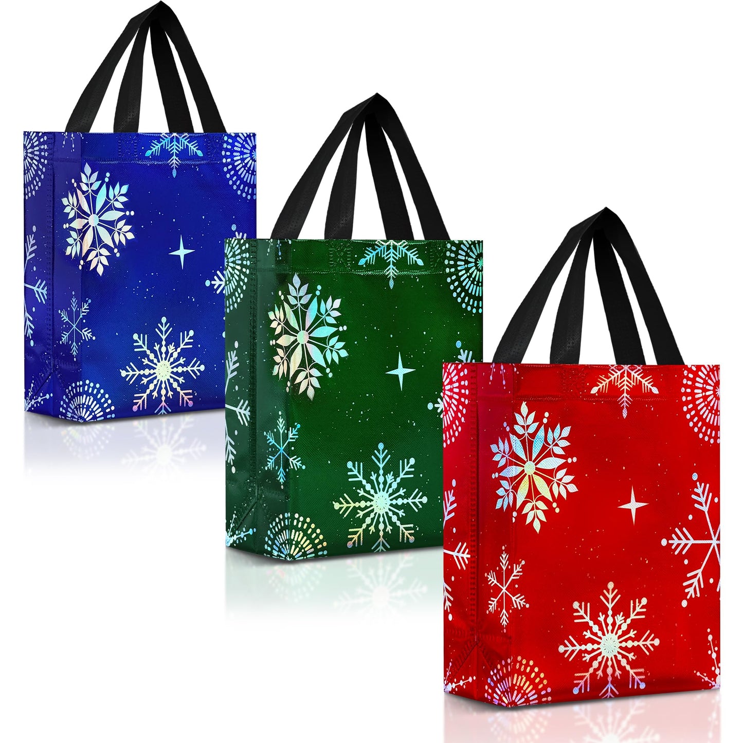 Snowflake Gift Bags Medium Size, Set of 12 Christmas Gift Bags with Handles (3 Each of Blue, Green and Red Colors) - Reusable Christmas Bag for Xmas Presents, Holidays - 8Wx4Dx10H