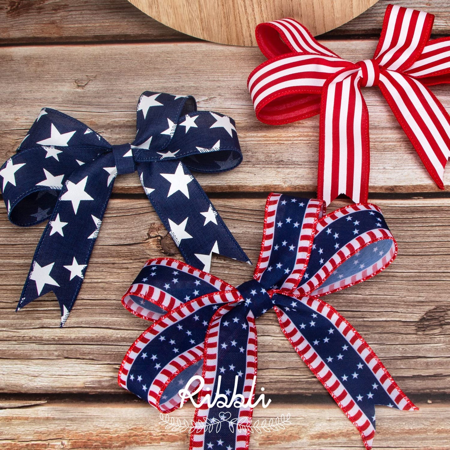 Ribbli Patriotic Ribbon, Stars and Stripes Wired, 1-1/2 Inch x 10 Yard, Red/White/Navy, Canvas for Bows, Wreaths, Trees
