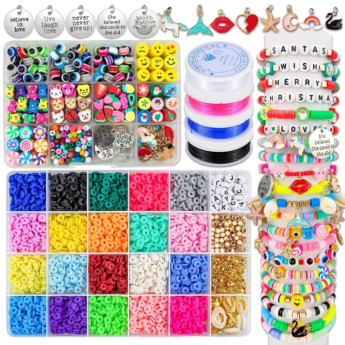 Clay Beads Bracelet Making Kit,Flat Round 6mm Clay Beads for Jewelry Making with Pendant Charms Kit,Art Crafts Gift Sets for Girls Ages 3 4 5 6 7 8 9 10 11 12