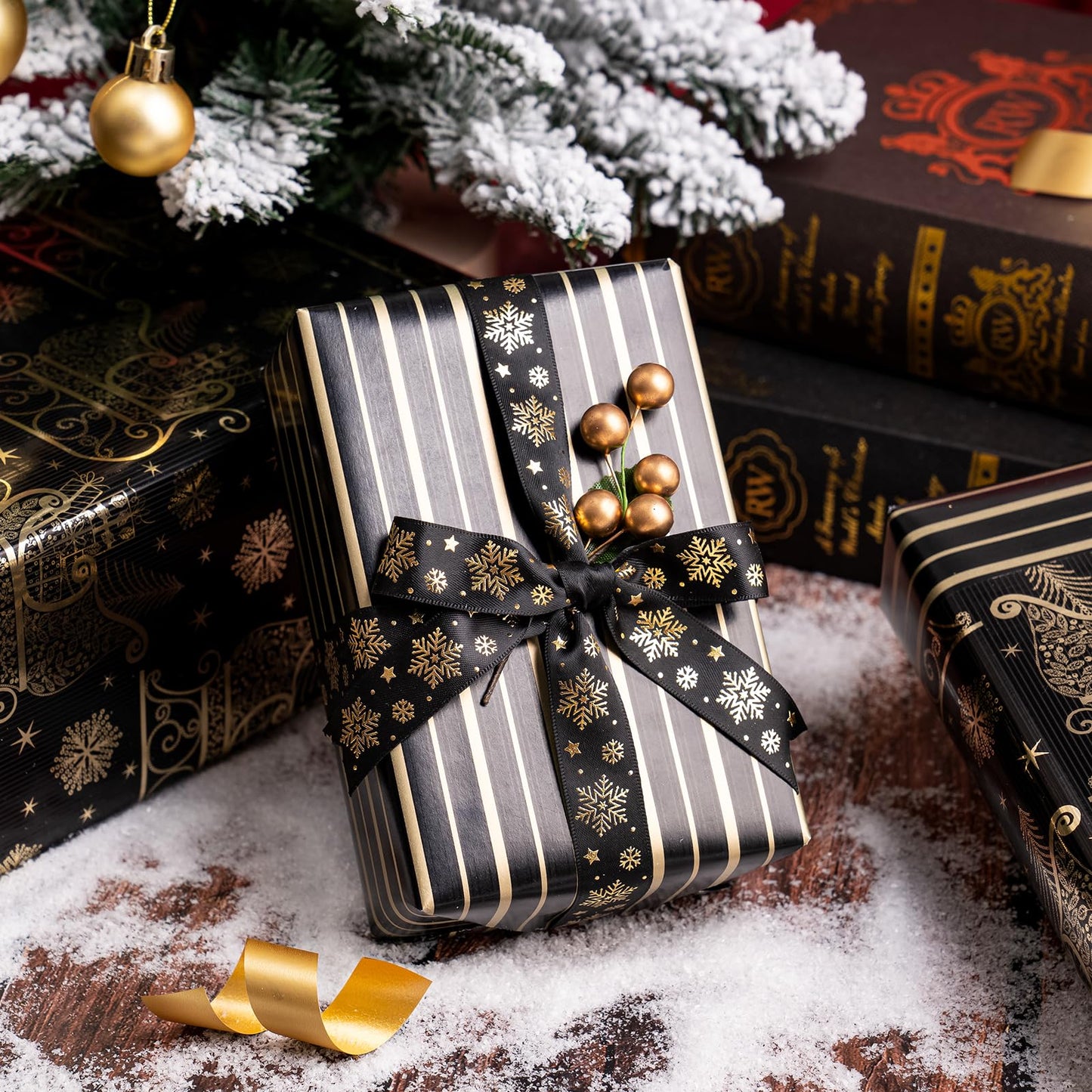 Reversible Black and Gold Christmas Wrapping Paper - Mini Roll - 17 Inch x 33 Feet - Black Gold Sleigh and Stripe Wrapping Paper with Metallic Foil Shine for Christmas, Holiday, Party