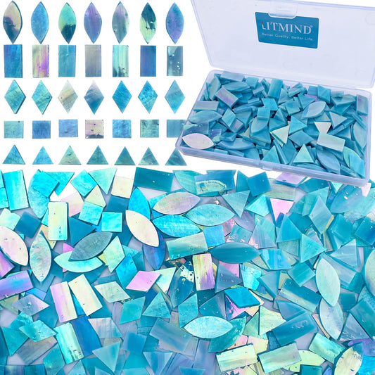 LITMIND Iridescent SkyBlue Stained Glass Mosaic Tiles for Crafts - 240 Pieces, 5 Shapes Mixed (Rectangle, Triangle, Rhombus, Square, Leaf) - Ideal for Mosaic Making Projects and Beginners