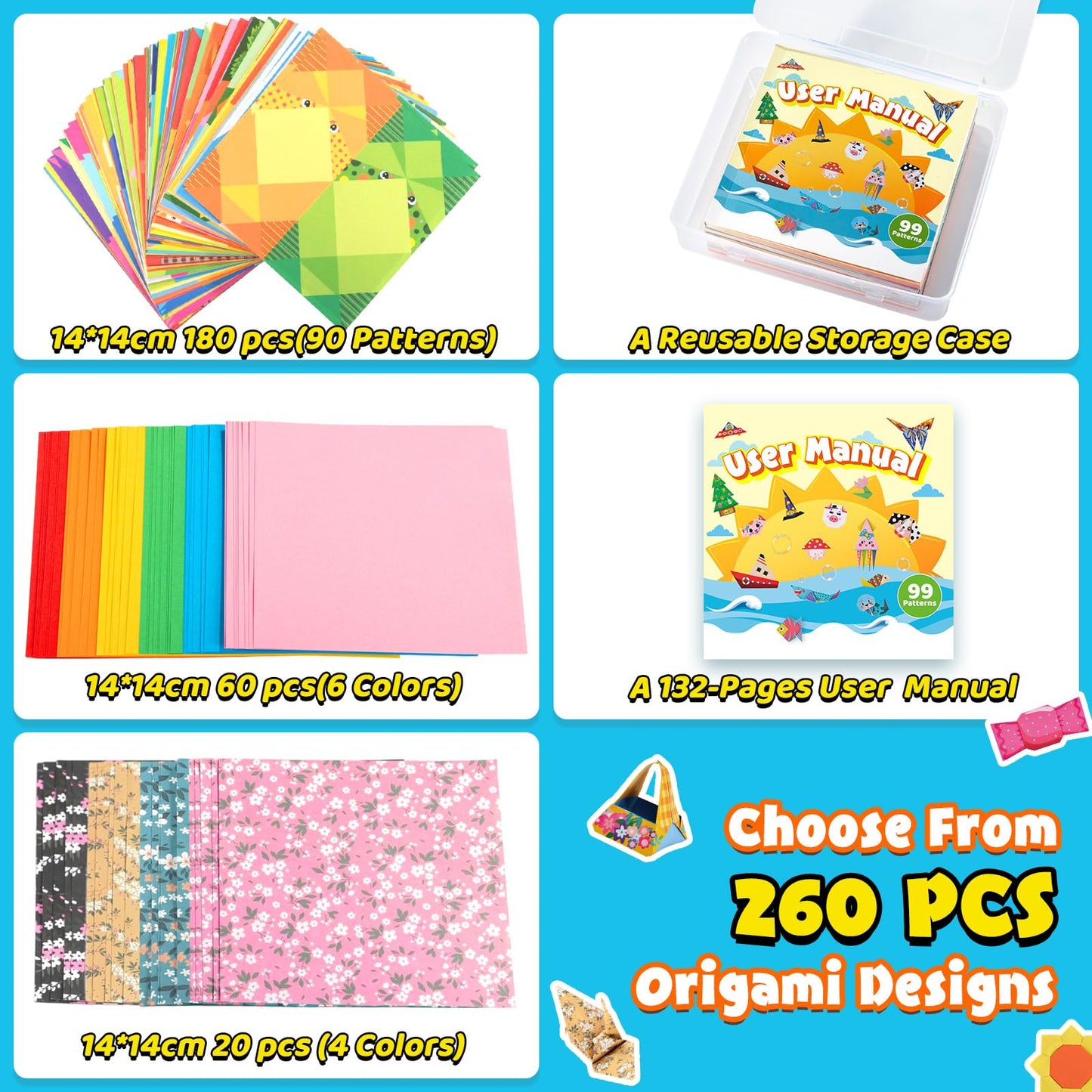 Origami Kit for Kids Ages 5-8 8-12, 260 Sheets Origami Paper with 99 Patterns and Guiding Book, Funtopia DIY Craft Art Projects Supplies for Boys Girls, Travel School Vacation Activities Toy