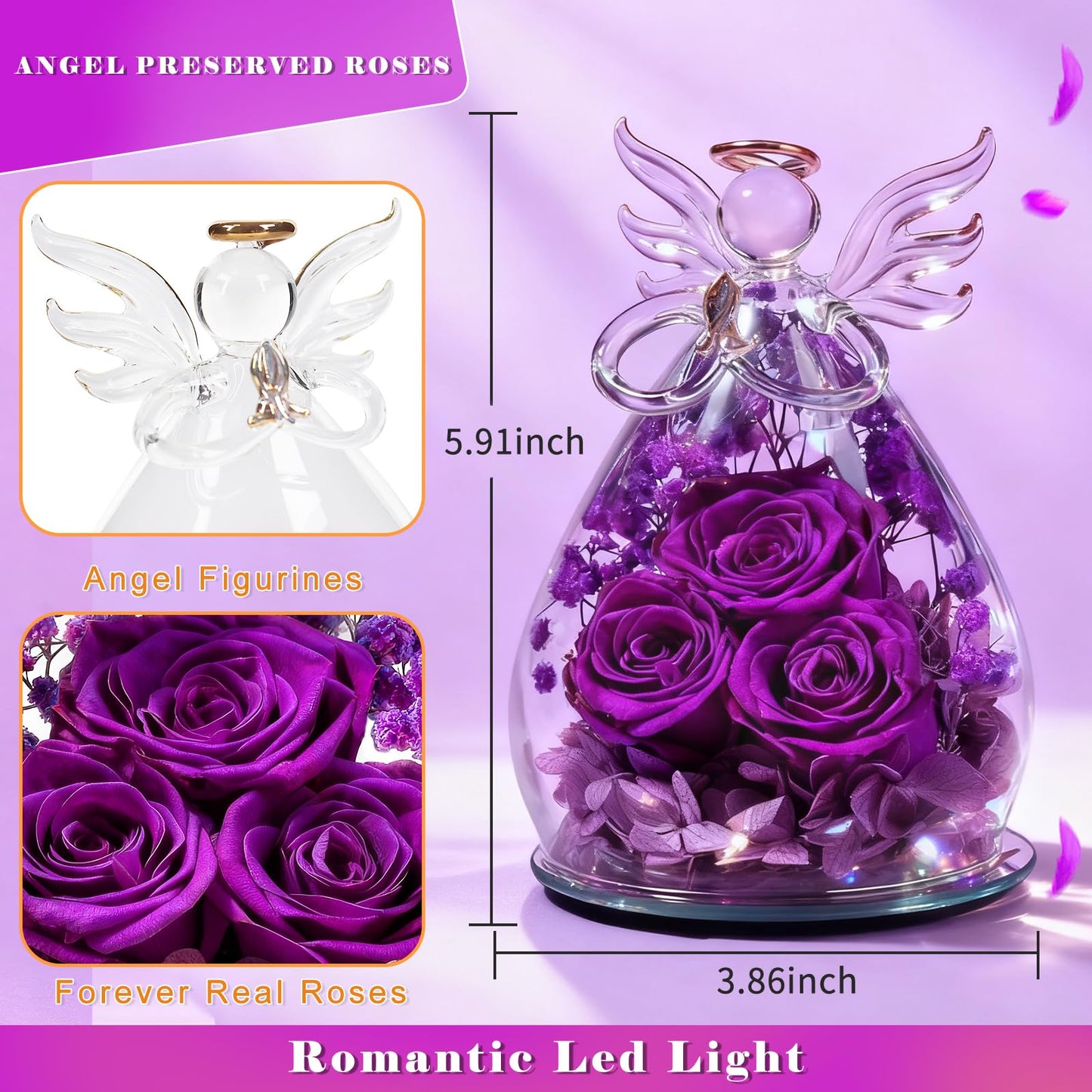 Beferr Mothers Day Mom Birthday Gifts for Women, Fresh Flowers for Delivery Forever Preserved Rose in Glass Angel Figurine, Anniversary Christian Real Rose for Grandma Nana Wife Mum from Daughter Son