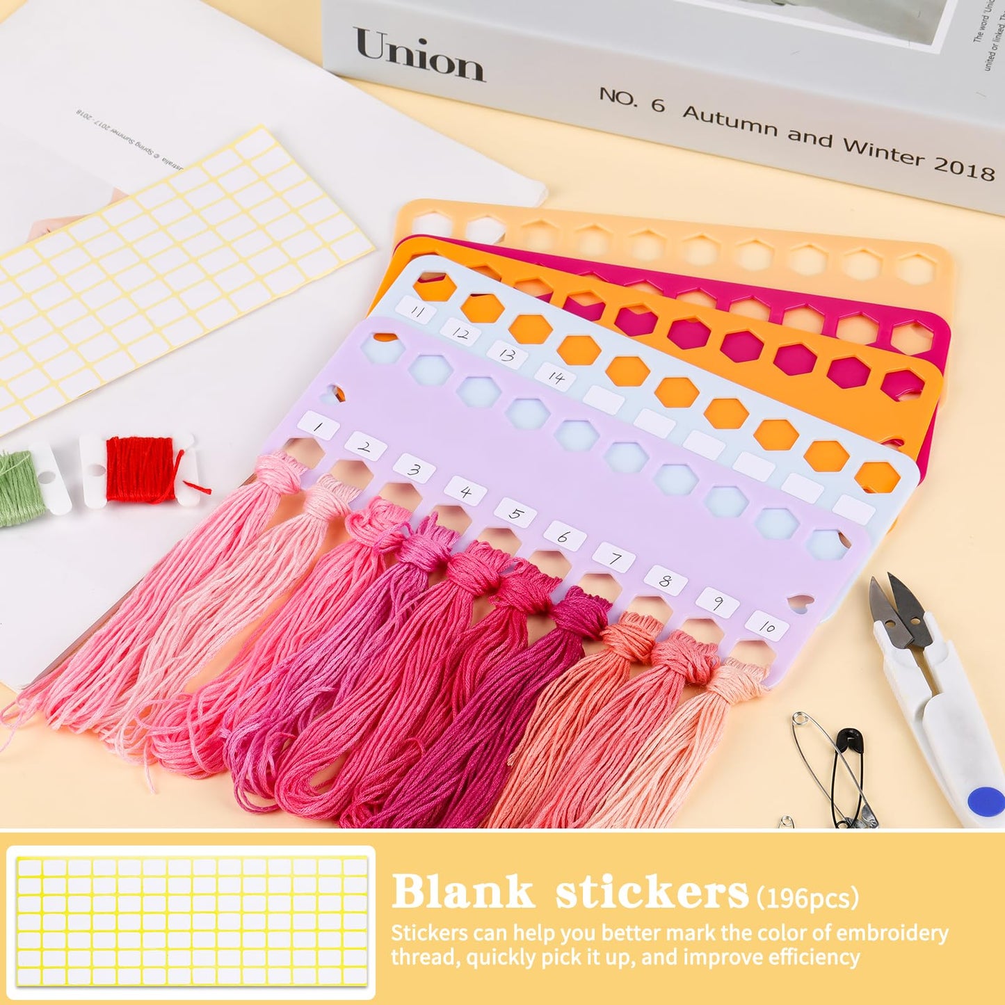 Embroidery Floss Organizer, 5 Color Plastic Floss Bobbin, Cross Stitch Thread Organizer and Storage, Floss Cards with 20 Holes and Label, Craft Diy Embroidery