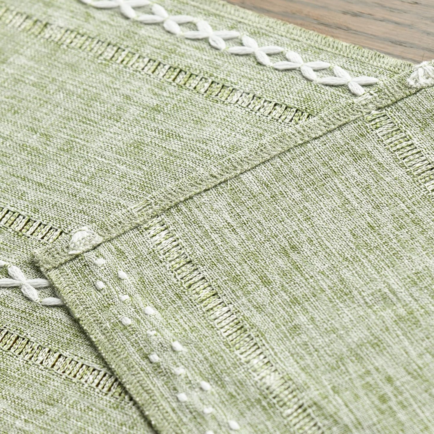Sage Green Rustic Cotton Linen Table Runner, Seasonal Embroidered Hollow Kitchen Dining Table Decoration for Home Party Decor 13x72 Inch