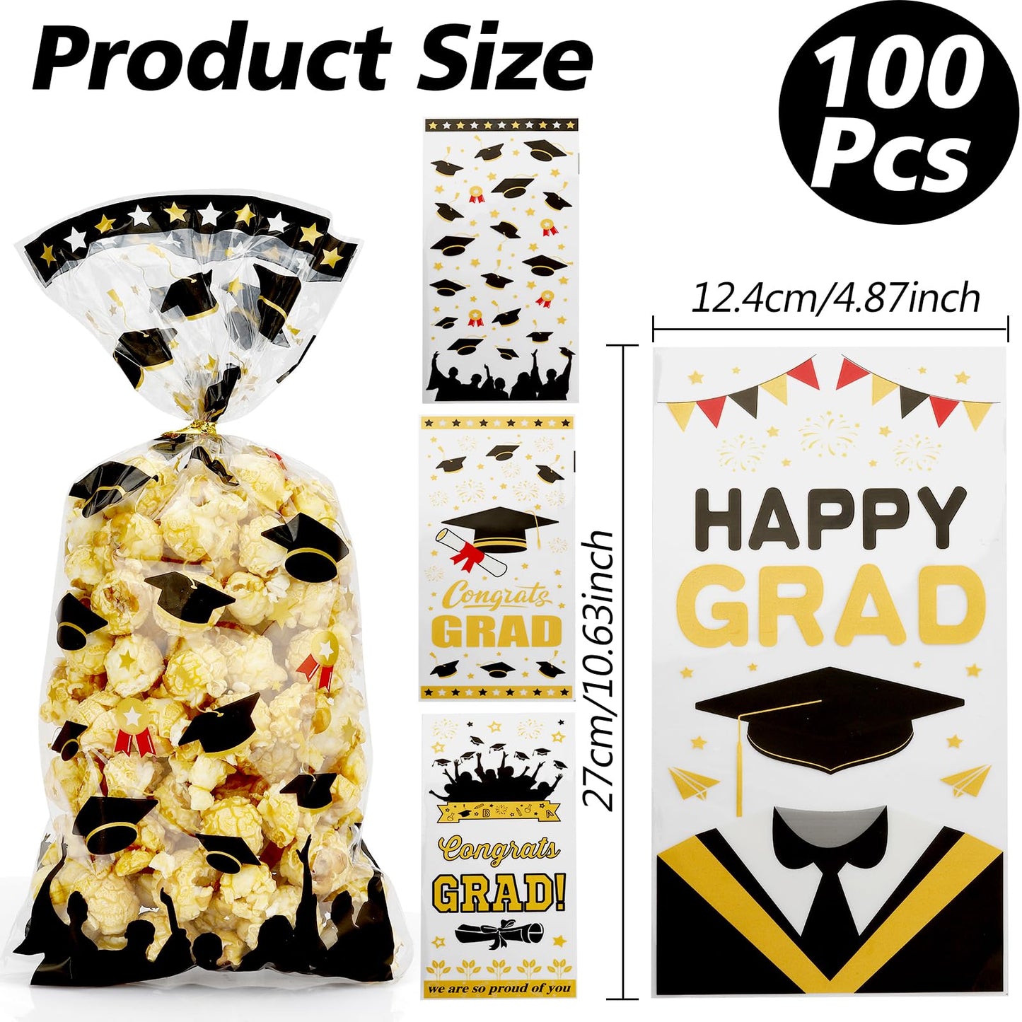 Leislam Graduation Treat Bags, Graduation Cellophane Treat Bags, 100 PCS Graduations Gift Bag, Plastic Clear Cello Candy Cookie Snack Goodies Bag with 100 Pcs Gold Ties for Graduations Party Favors Supplies, 4 Styles