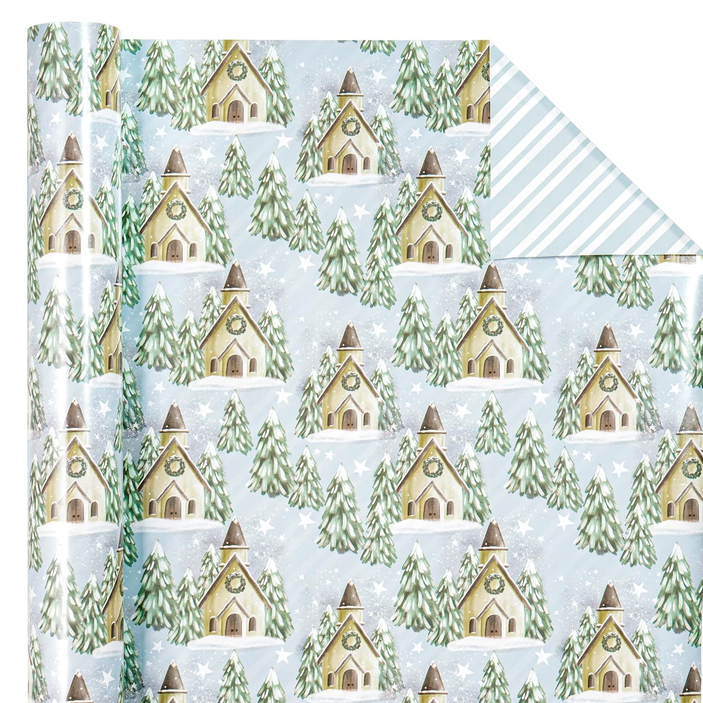 Reversible Christmas Wrapping Paper - Mini Roll - 17 Inch X 33 Feet - Silver and White Christmas Tree and House Printed on Pearlized Paper for Holidays