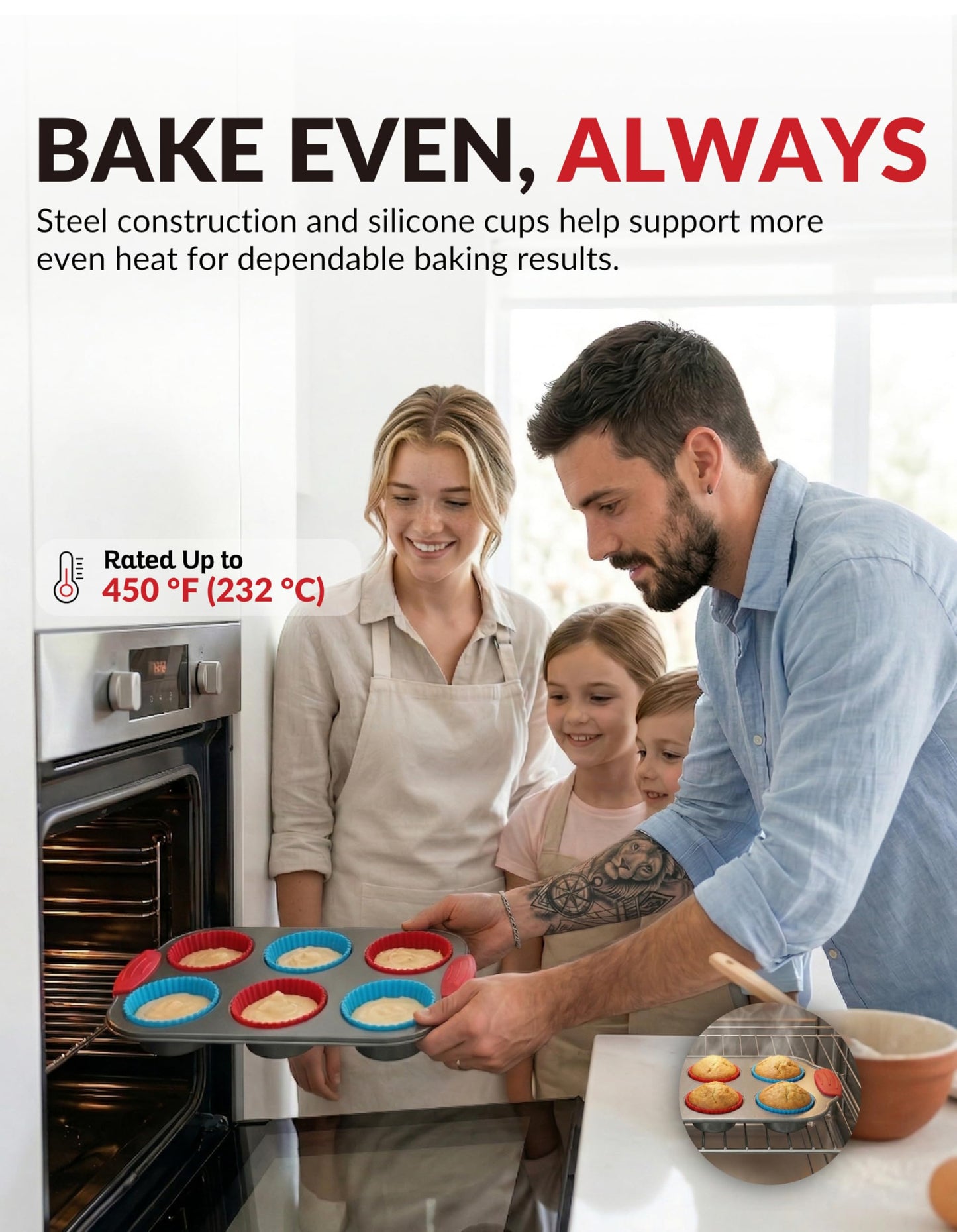 Boxiki Kitchen Non-Stick Steel 6 Cup Muffin Pan with Silicone Handles and Reusable Liners - Perfect for Baking Large Muffins and Cupcakes