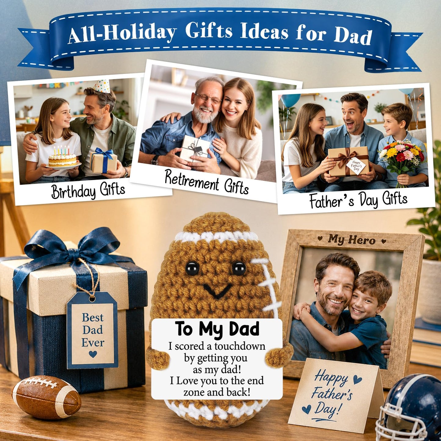 Funny Fathers Day Dad Gifts from Daughter Son Wife, Positive Handmade Crochet Father's Day Birthday Gift for Dad, Cute Small Gifts for Dads, I Love You Papa Gift Idea, Unique Football Doll for Stepdad