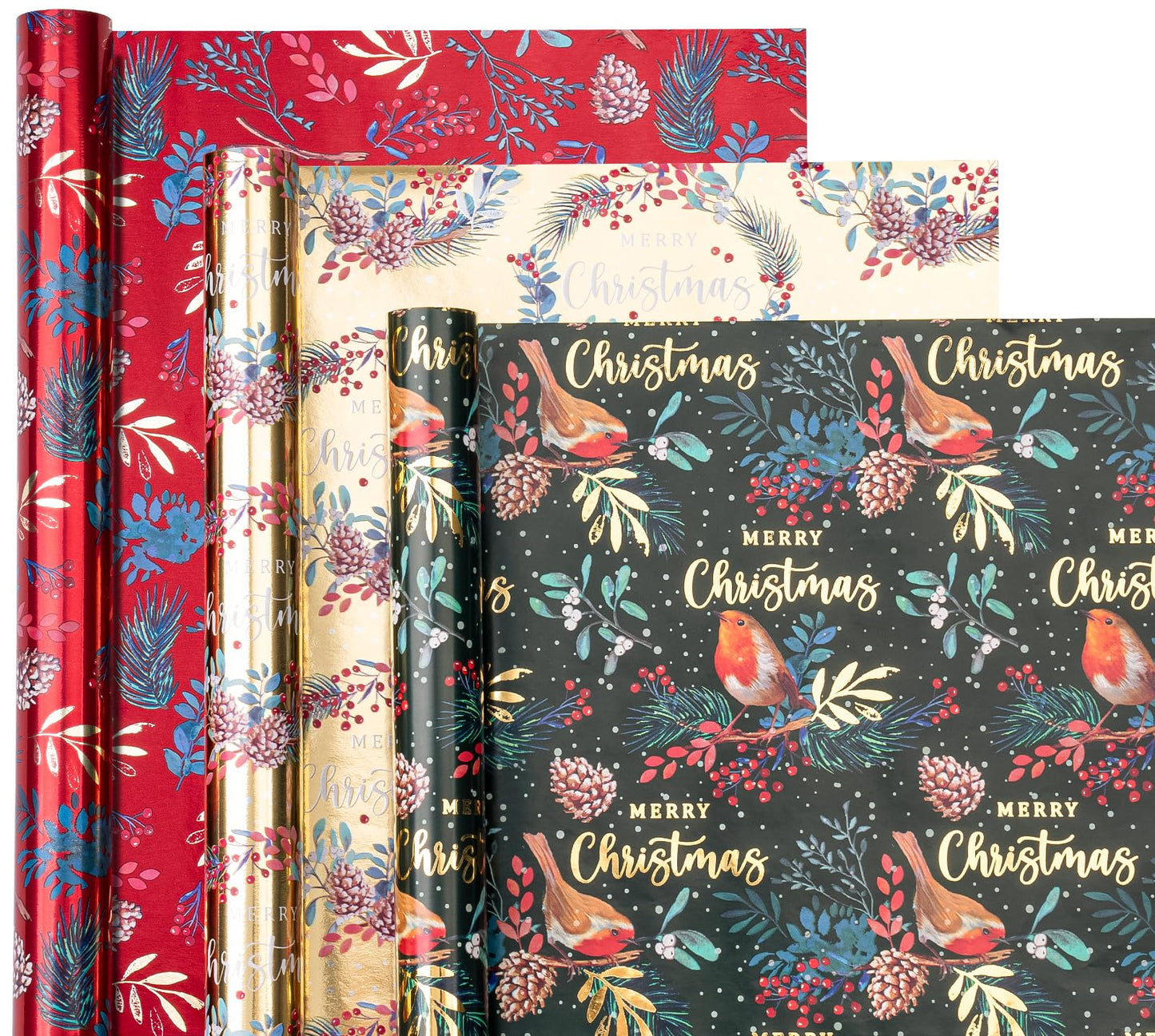 Christmas Wrapping Paper Roll - Mini Roll - 3 Rolls - 17 Inch x 120 Inch Per Roll - Bird, Christmas Garland, Holly and Pinecones Holiday Design with Metallic Foil Shine