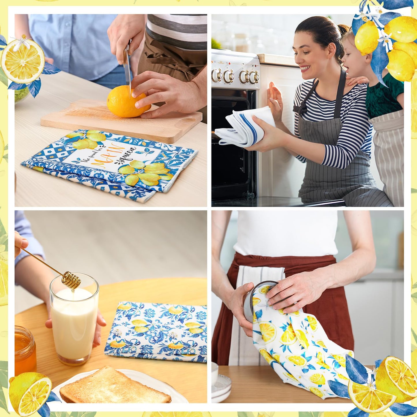 Sratte 6 Pcs Lemon Kitchen Towels 24 x 16 Inch Capri Tiles Lemon Tea Dishtowels Farmhouse Absorbent Blue Yellow Hand Bathroom Towel for Holiday Kitchen Bathroom Amalfi Coast Party Decor Gifts