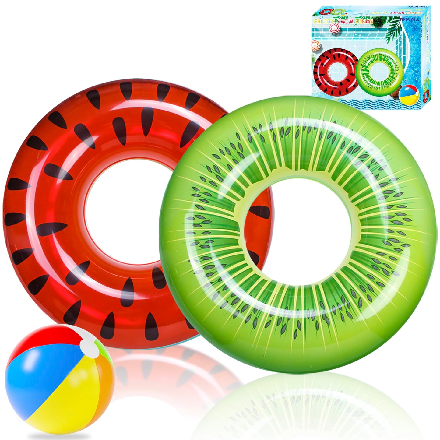 FindUWill 2 Pack Pool Floats, Pool Swim Tubes Rings, Inflatable Pool Floats Beach Swimming Toys with Beach Ball for Kids and Adults Raft Floaties