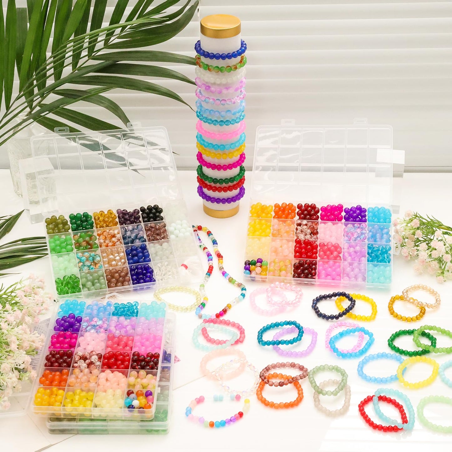 2400 PCS 8mm Glass Beads Bracelet Making Kit, 47 Colors Crystal Beads for Jewelry Making and DIY Crafts，4 Box Round Beads