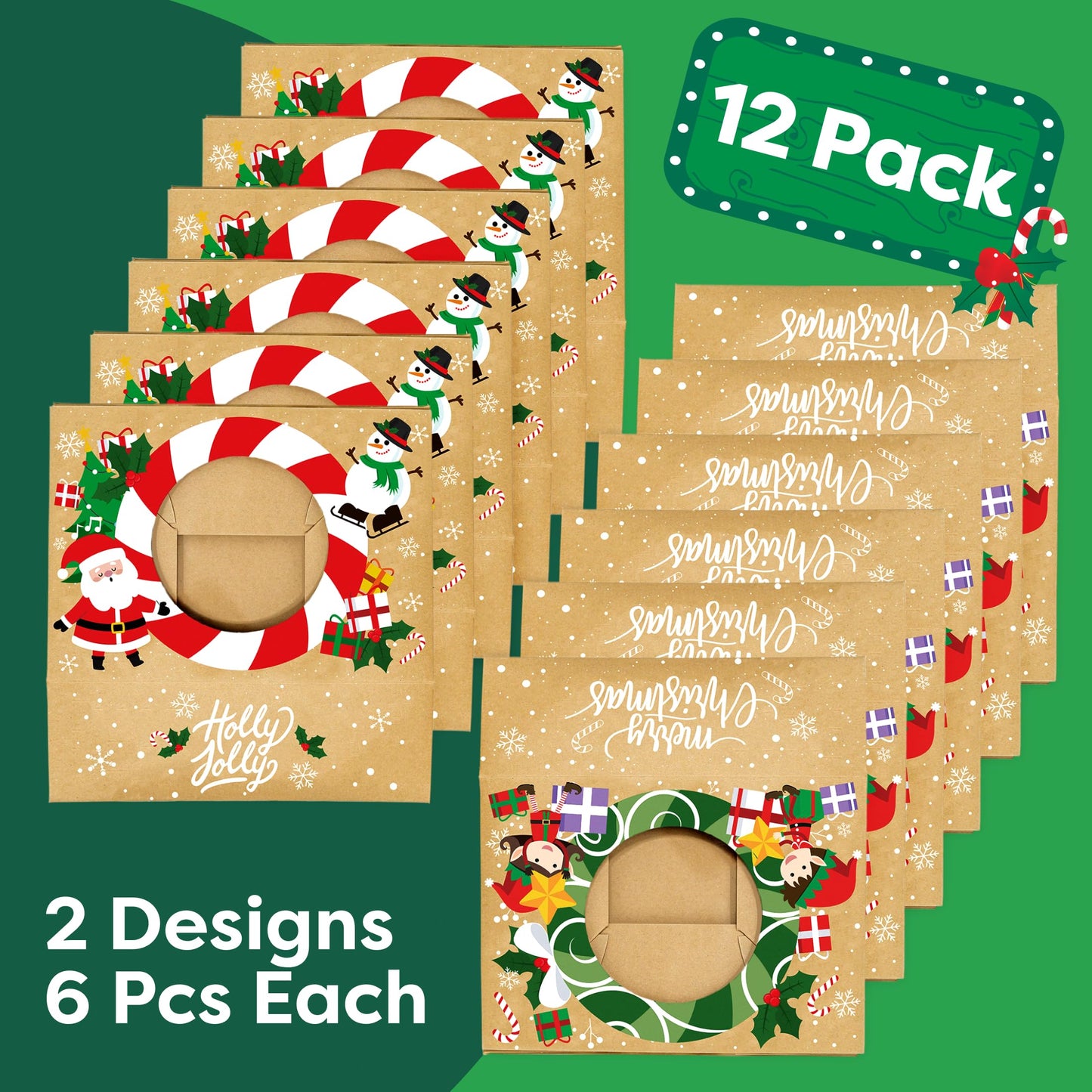 Christmas Cookie Boxes for Gift Giving - 12 Cookie Box Pack Kraft - Christmas Cookie Tins for Gift Giving, Christmas Treat Boxes, Holiday Cookie Boxes - Christmas Cookie Containers Tins With Lids
