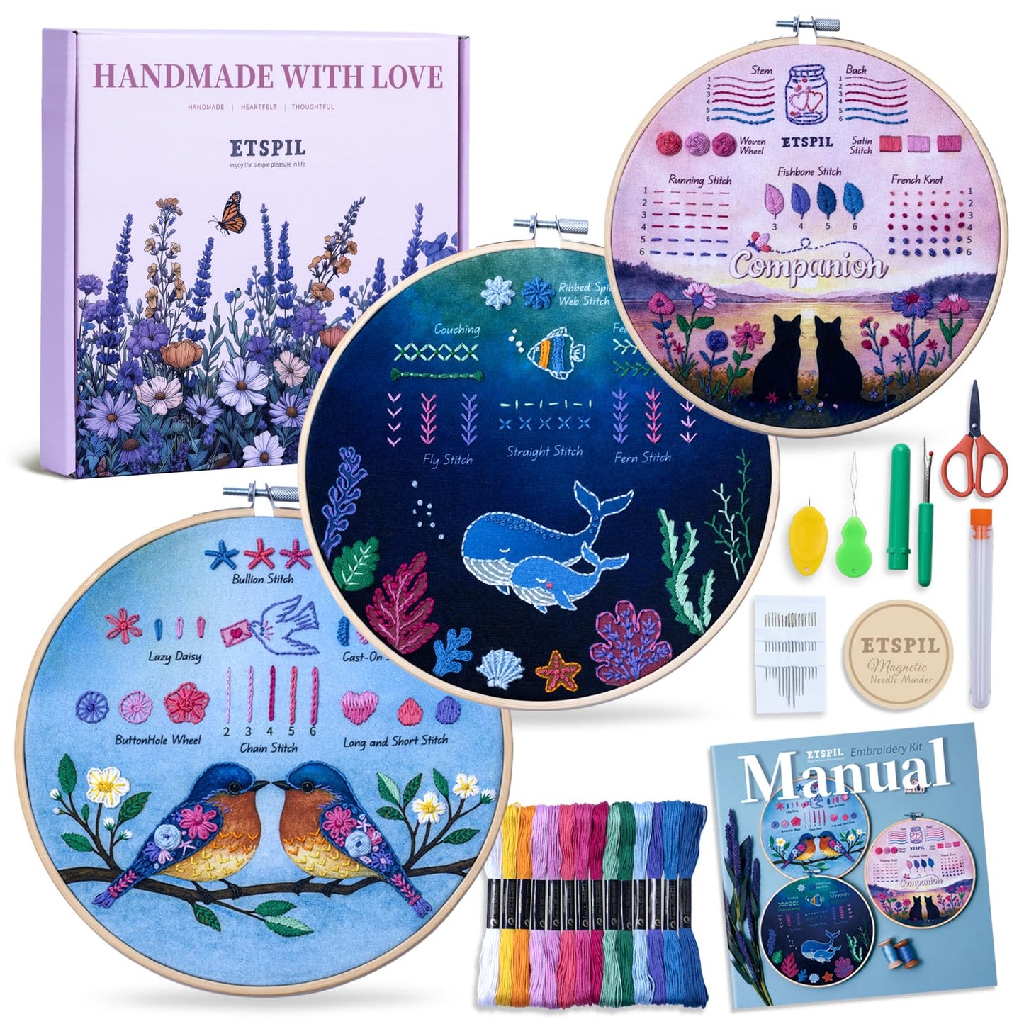 Beginner Embroidery Kit for Teens & Adults - 3-Pack, 19 Stitches, Pre-Stamped Patterns, Needle Minder, 7.8-Inch Hoop, Threads & Needles, Guide & Video - DIY Craft Gift for Women