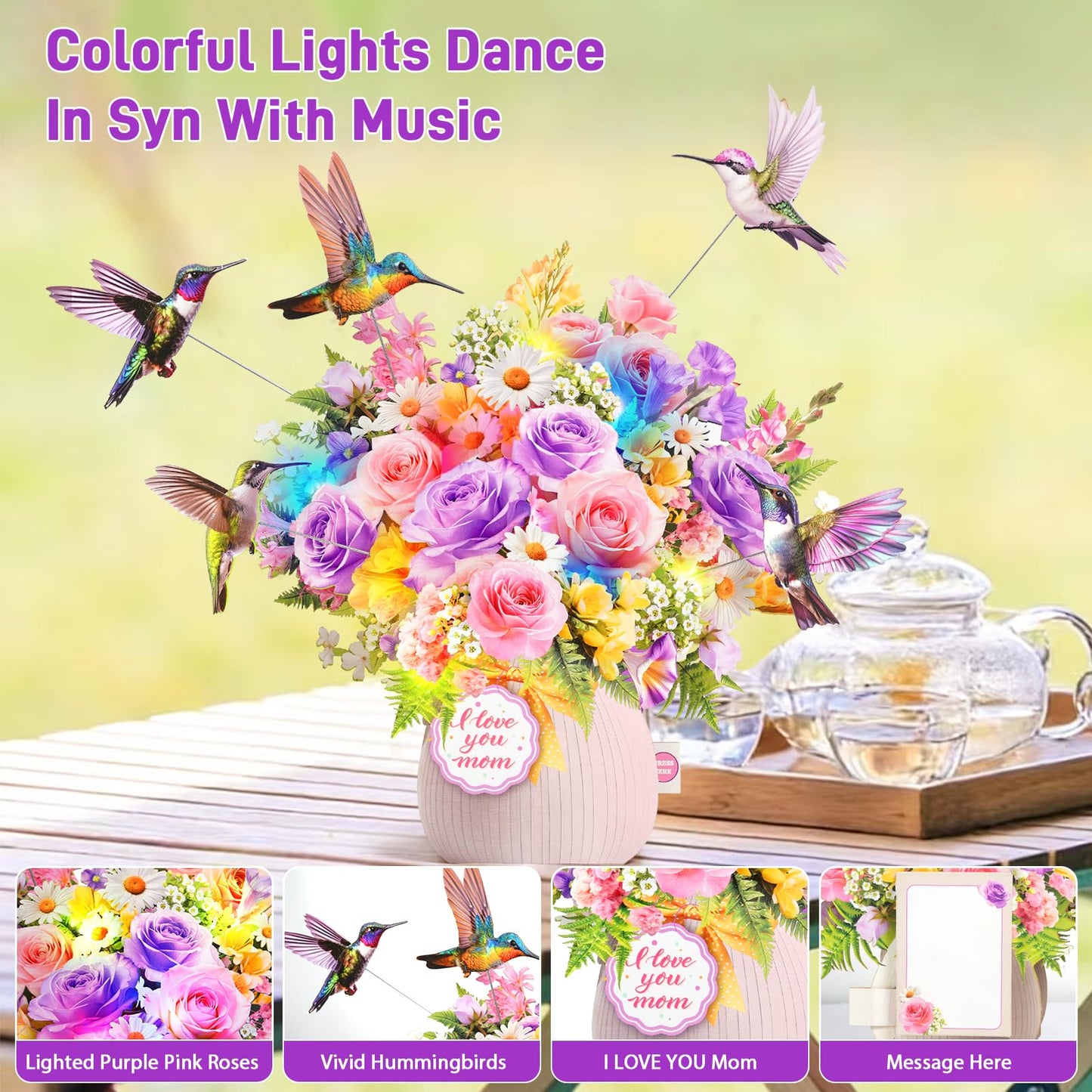 MZD8391 Mothers Day Card with Music & Lights, 3D Pop Up Mothers Day Gift, Hummingbird, 10 Inch Life Sized Forever Flower Bouquet Birthday Card For Mom, Women, Wife