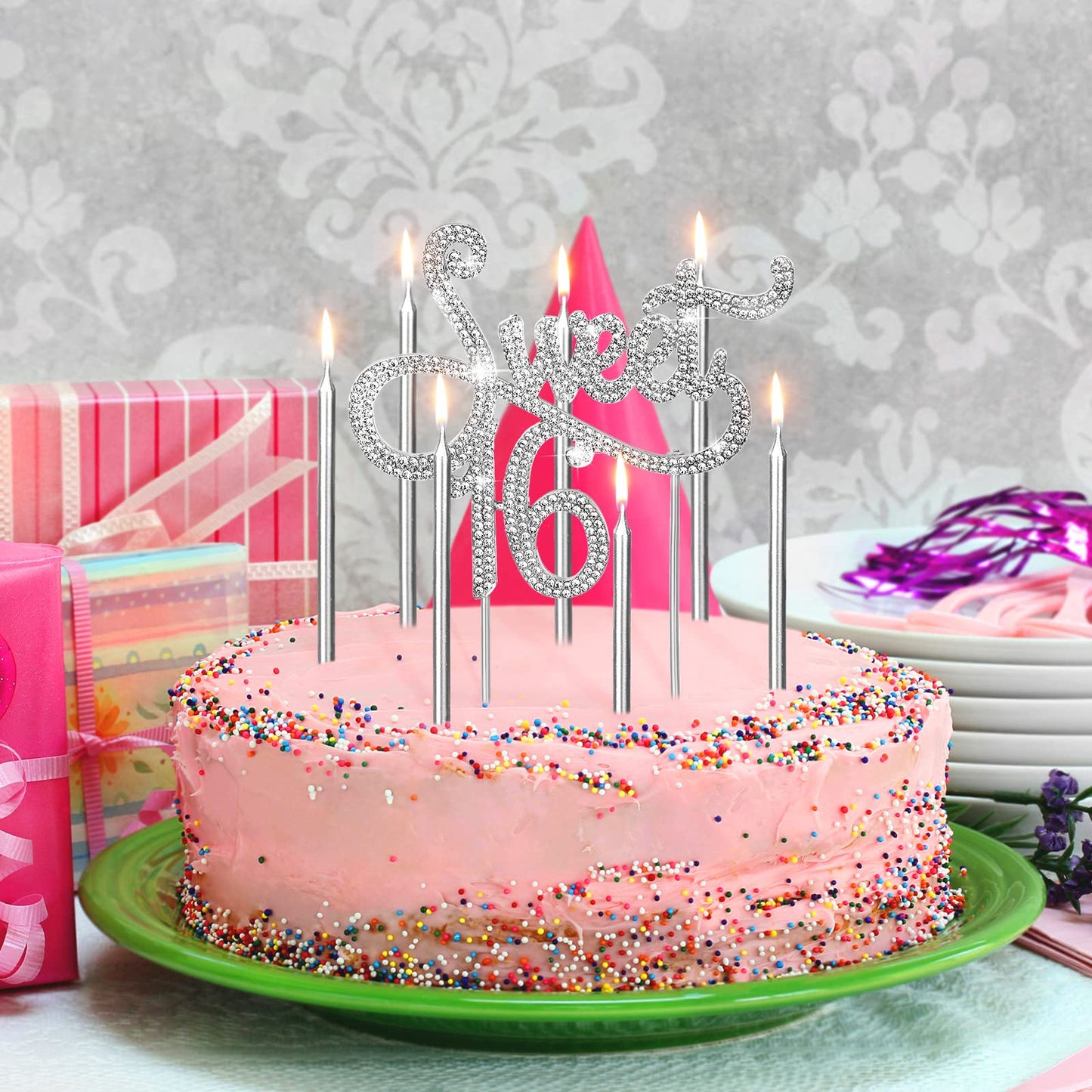 Sweet 16 Cake Toppers Rhinestone Birthday Cake Topper, 20 Pcs Metallic Birthday Candles Sweet 16 Cake Candles Sweet 16 Birthday Decorations Happy Birthday Candles for Cake Birthday Decor (Silver)