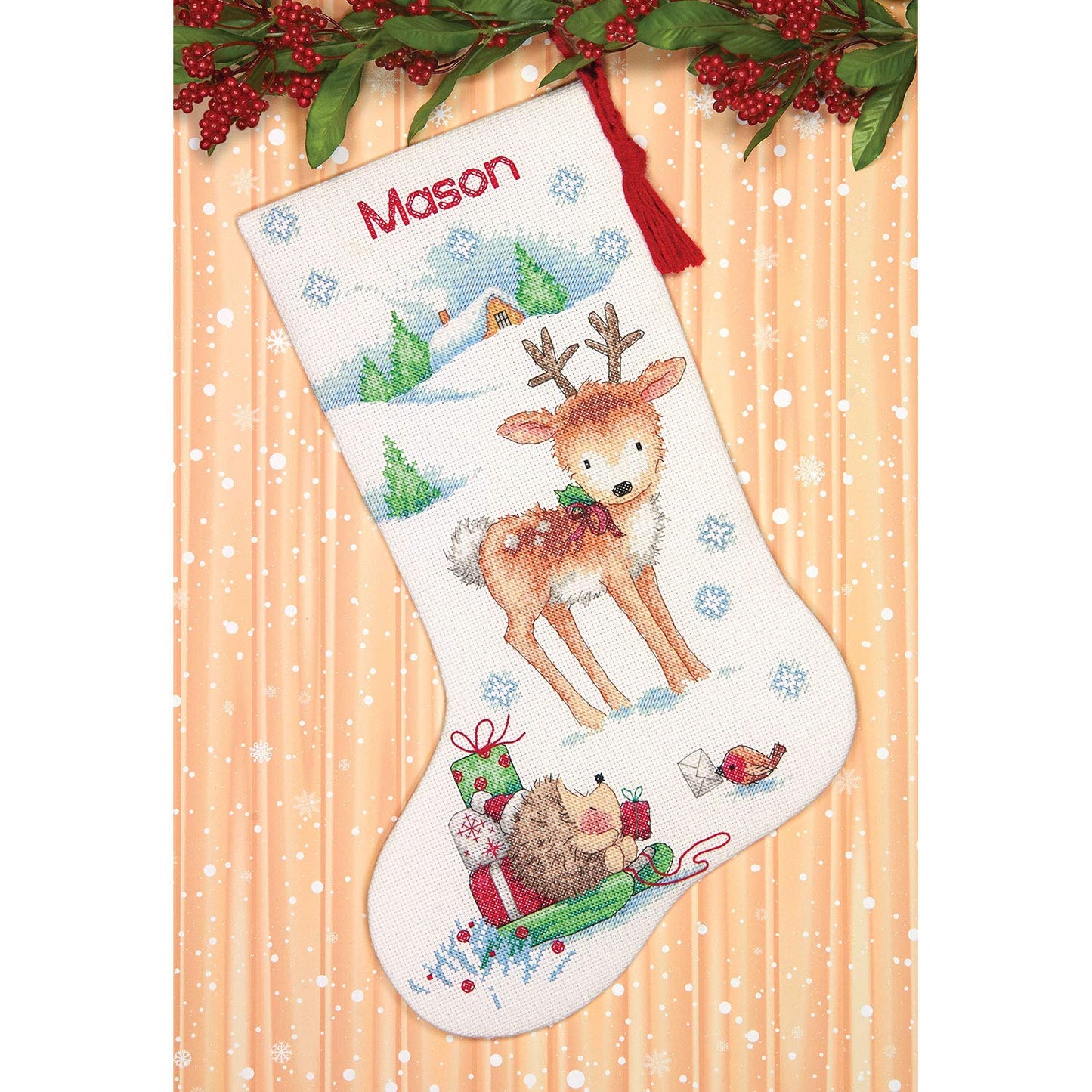 Cross Stitch 'Reindeer and Hedgehog' Personalized Christmas Stocking Kit, White Aida, 16'', 14 Count