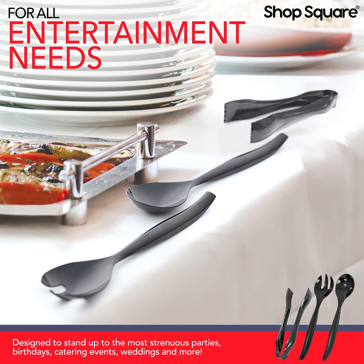Disposable Plastic Serving Utensils - Set of 18 Black Plastic Utensils, 6 Each 6" Serving Tongs, 10” Serving Spoons, 10” Serving Forks, Buffet Serving Utensils, Party Utensils