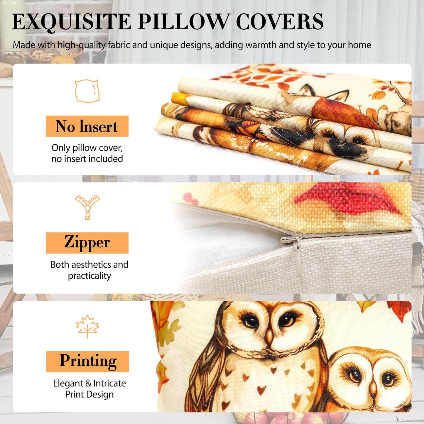 Animal Family Theme Fall Pillow Covers 18x18 Inch Set of 4, Burnt Orange Rust Decorative Autumn Thanksgiving Harvest Home Decor for Sofa Couch Living Room