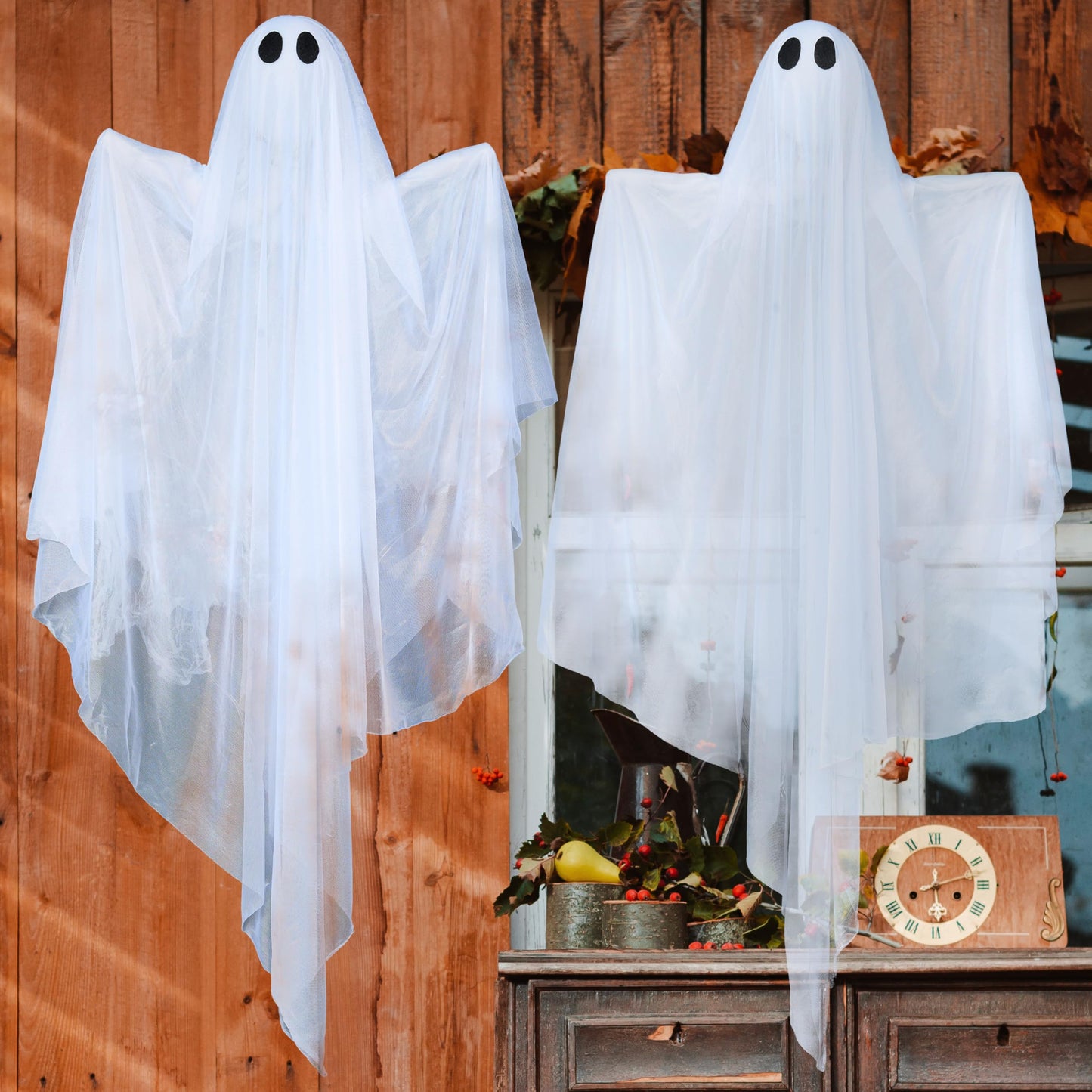 JOYIN 2 Pcs 47” Halloween Light up Hanging Ghost Decoration Outdoor with Warm LED Light, Halloween Flying Hanging Ghosts for Haunted House Prop, Front Yard Patio Party Decor Indoor Outdoor