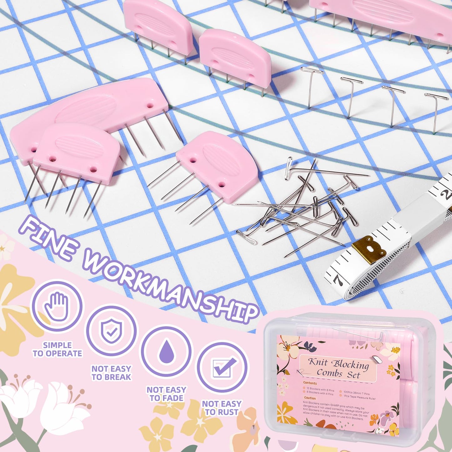 120 Pcs Knit Blocking Combs Pins Kit, 20Pcs Pink Color Knit Blockers Pins Kit, 100 T-pins for Blocking Knitting Crochet, Needlework Projects, Knitting Block Pins Tool for Blocking Mats