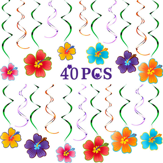WILLBOND 40 Pieces Hawaiian Luau Birthday Party Hanging Swirl Decorations Flower Foil Swirl Decorations Ceiling Decorations for Summer Tropical Hawaiian Theme Party Decoration Supplies