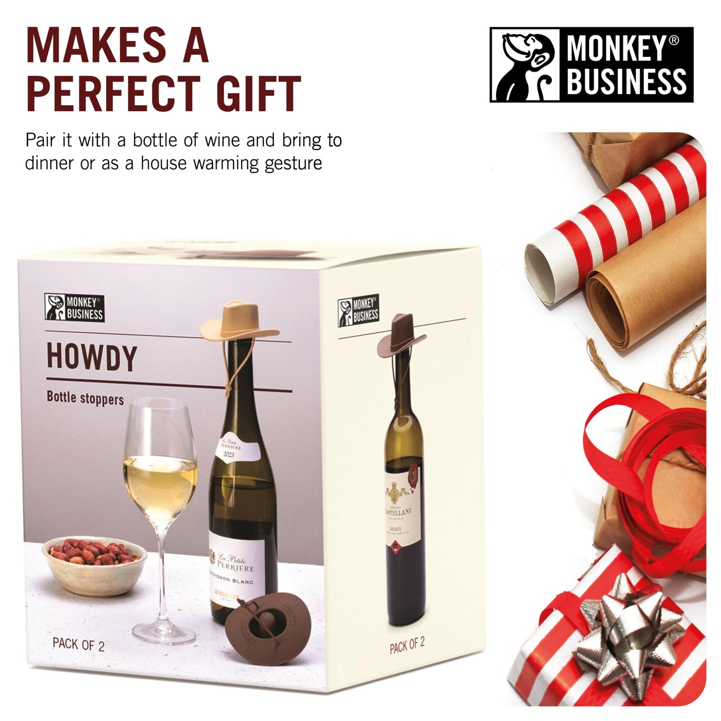 Monkey Business Howdy - 2-Pack Cowboy Hat Wine Stoppers – Fun Silicone Bottle Stoppers Keep Wine Fresh – Novelty Kitchen Gadgets & Cute Wine Accessories