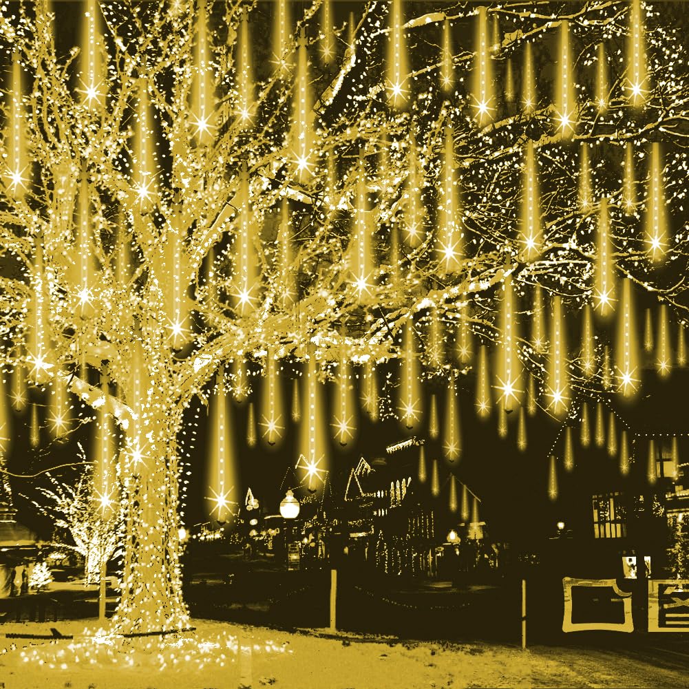 Weepong Christmas Lights Outdoor Falling Rain Meteor Shower Lights 12 inch 8 Tube 192 LED Snowfall Icicle Cascading String Light for Xmas Tree Christmas Decorations Holiday Garden, UL Plug,Warm White