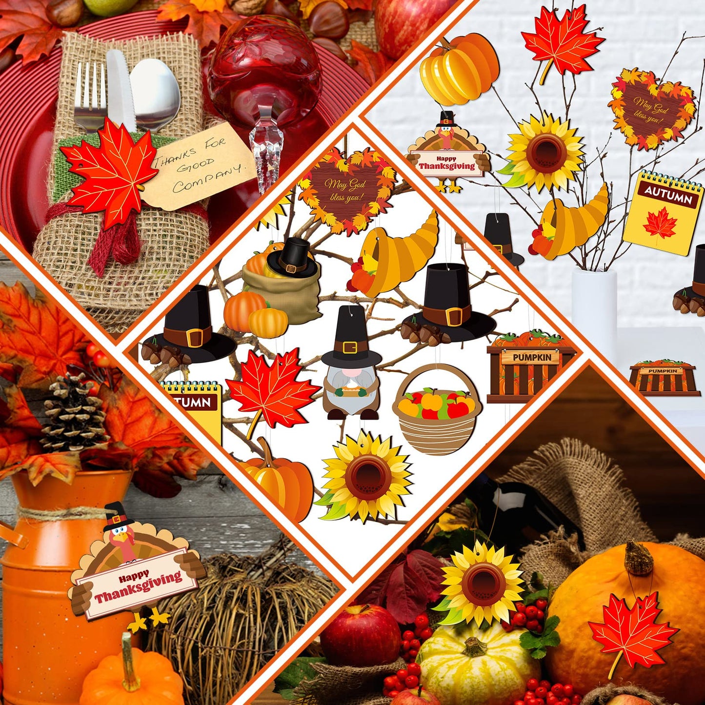 24 Pieces Thanksgiving Ornaments for Tree Fall Tree Decorations Pumpkins Leaves Wooden Hanging Ornaments Gnomes Turkey Cutouts Autumn Thanksgiving Decoration for Holiday Party Supply