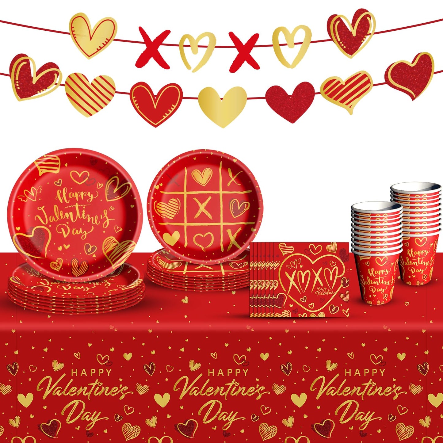 Valentine's Day Party Supplies Tableware Set Red Heart Love Paper Plates Napkins Cups Tablecloth Banner for Valentine's Day Party Decorations, Serves 24