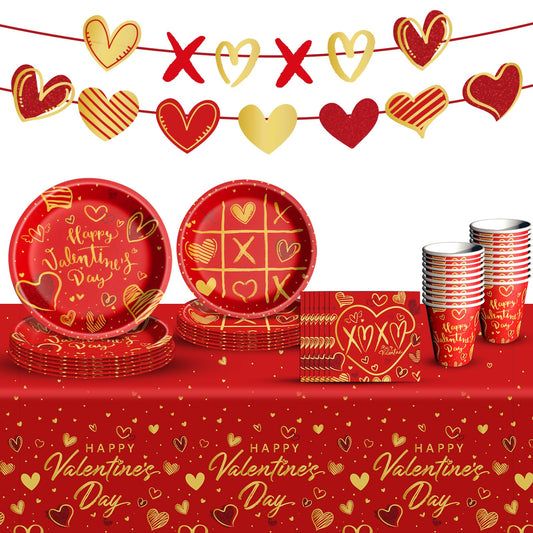 Valentine's Day Party Supplies Tableware Set Red Heart Love Paper Plates Napkins Cups Tablecloth Banner for Valentine's Day Party Decorations, Serves 24