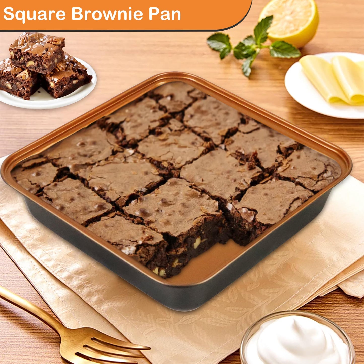 Barlket Baking Pans Set 6-Pieces, Non Stick Bakeware Set Stackable, with Cookie Sheet, Muffin, Round/Square Cake Pan, Loaf Pan, Rack, Oven Mitt for Home Baker, Gold