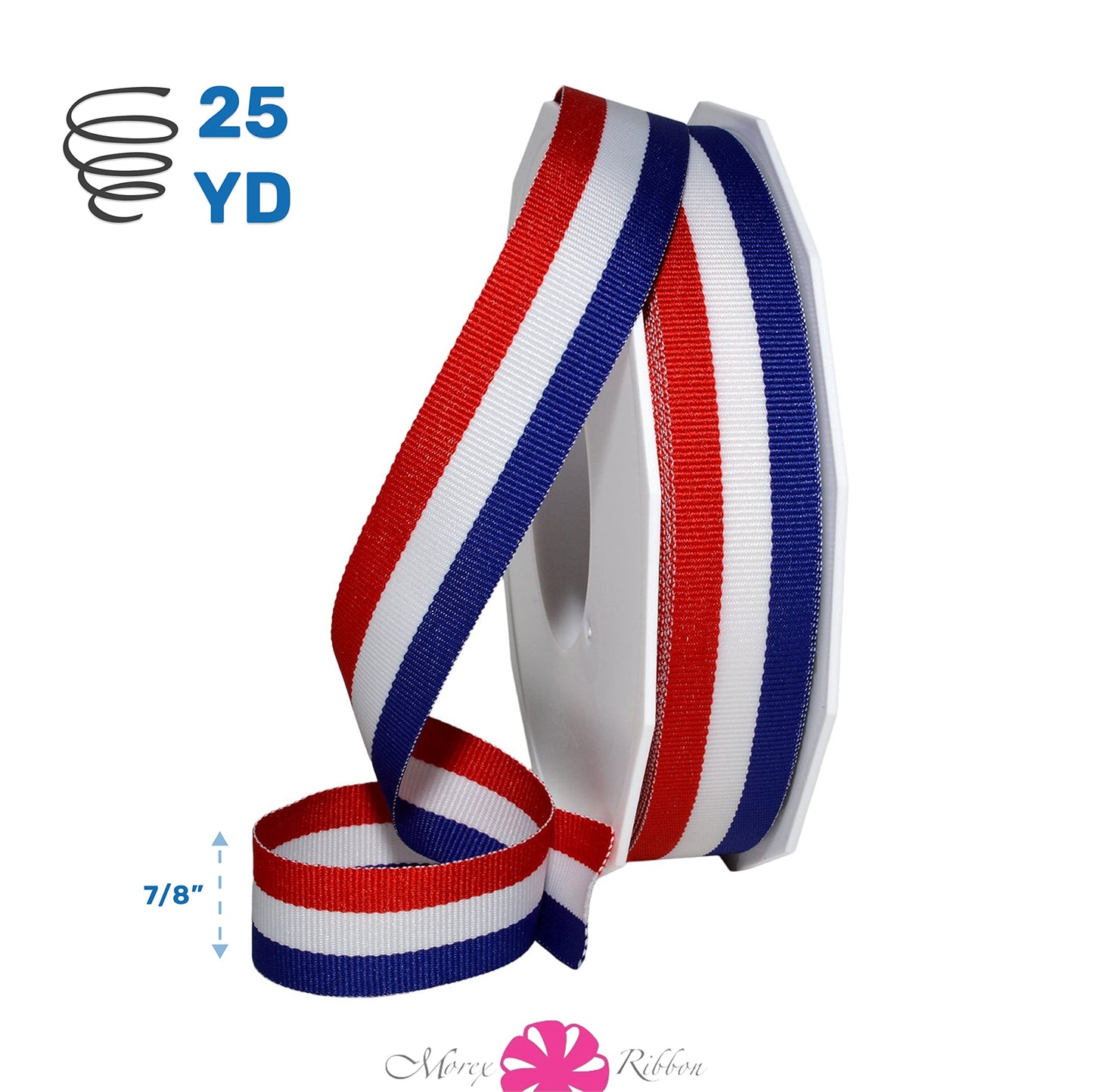 Morex Ribbon 93605/25-914 Striped Grosgrain Ribbon 7/8" X 25 YD Patriotic Ribbon for Gift Wrapping, Red/White/Blue, 4th of July Decorations, American Flags Art Supplies Gift Ribbons for Crafts