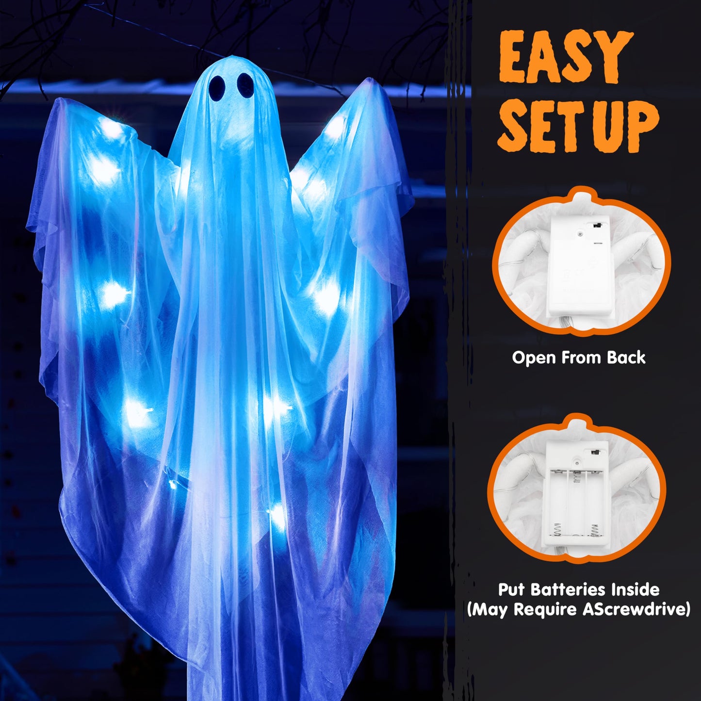 JOYIN 2 Pcs 47” Halloween Hanging Light up Ghost with Blue LED Light, Halloween Hanging Ghosts Decoration for Front Yard Patio Lawn Garden Party Decor Indoor Outdoor