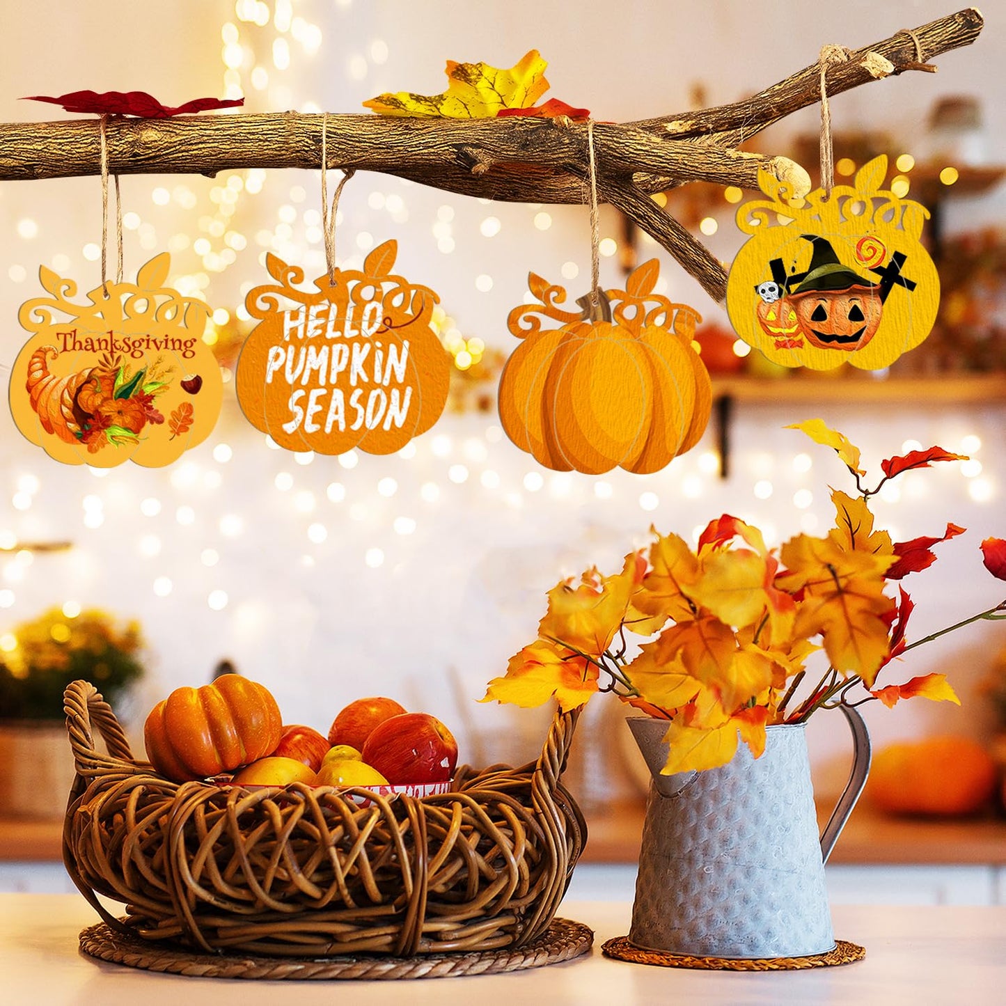 Wooden Pumpkins Ornaments to Paint Halloween Thanksgiving Decoration Cutouts Unfinished 24PCS 3.5 inches, DIY Blank Unfinished Pumpkin Wood Discs Ornament for Home Harvest Crafts Hanging Autumn