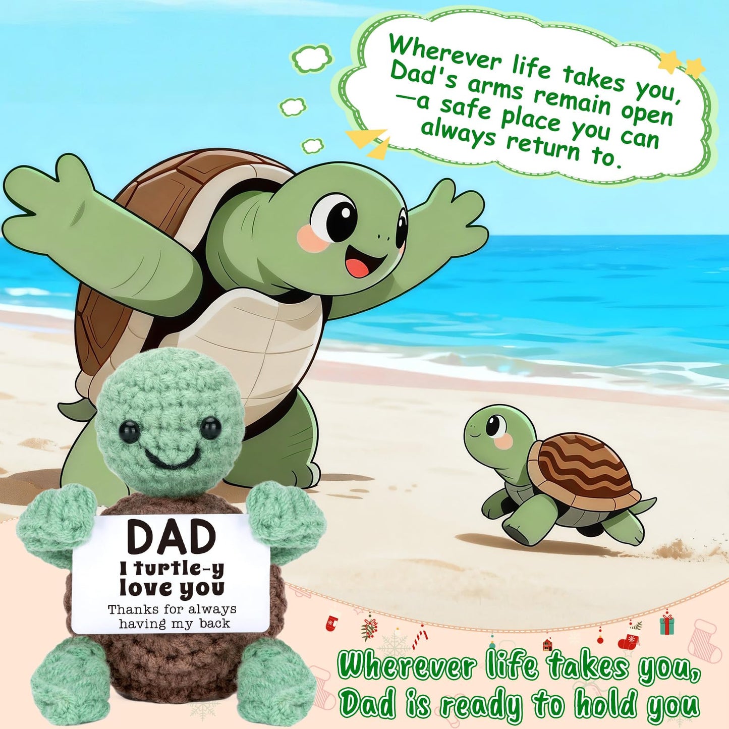4THFARMES Mini Funny Turtle Fathers Day Dad Gifts from Daughter Son Wife, Birthday Gift for Dad Father Daddy Presents, I Love You Small Cute Stuff Things, Handmade Emotional Positive Crochet Turtle
