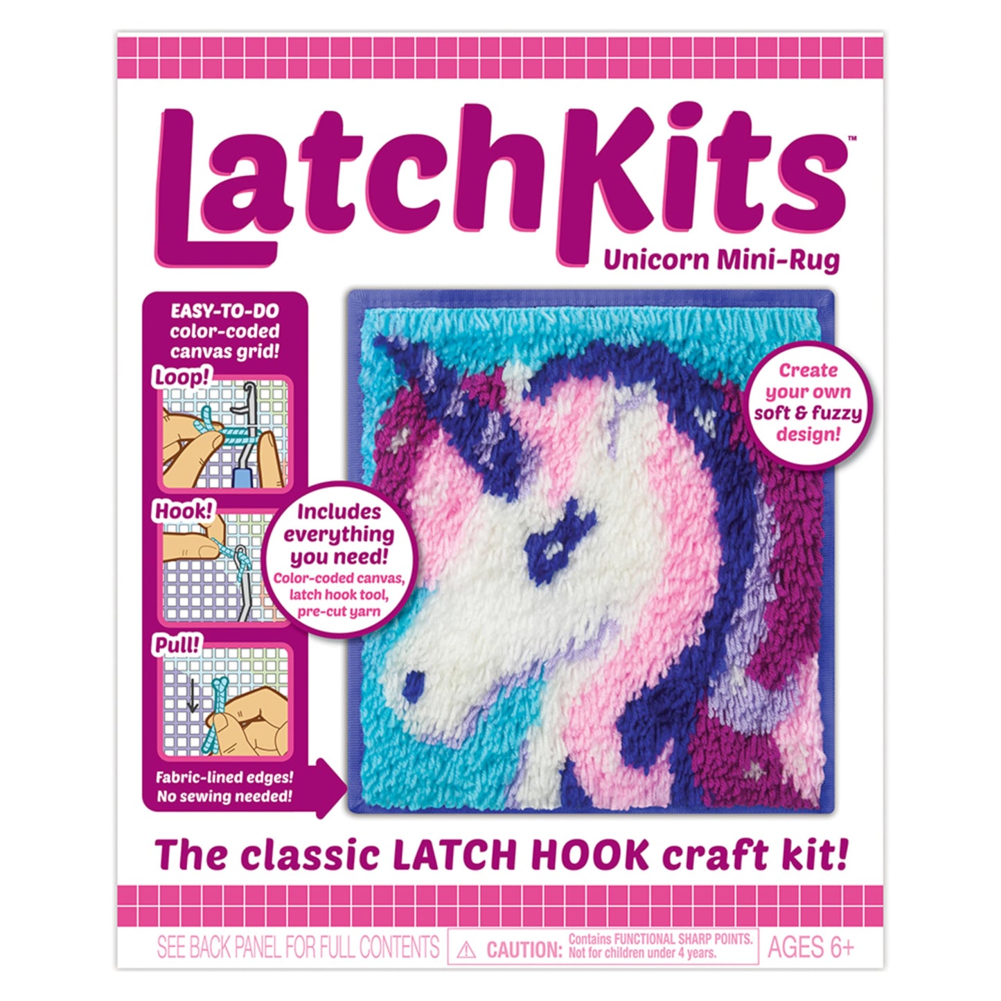 LatchKits Latch Hook Kits for Kids – Kids Crafts, Arts and Crafts, Yarn Art, Wall Hanging & Mini-Rugs, Craft Supplies, Pre-Cut Yarm, Easy Pattern, Hook Included, Arts & Craft, Ages 6+, Unicorn