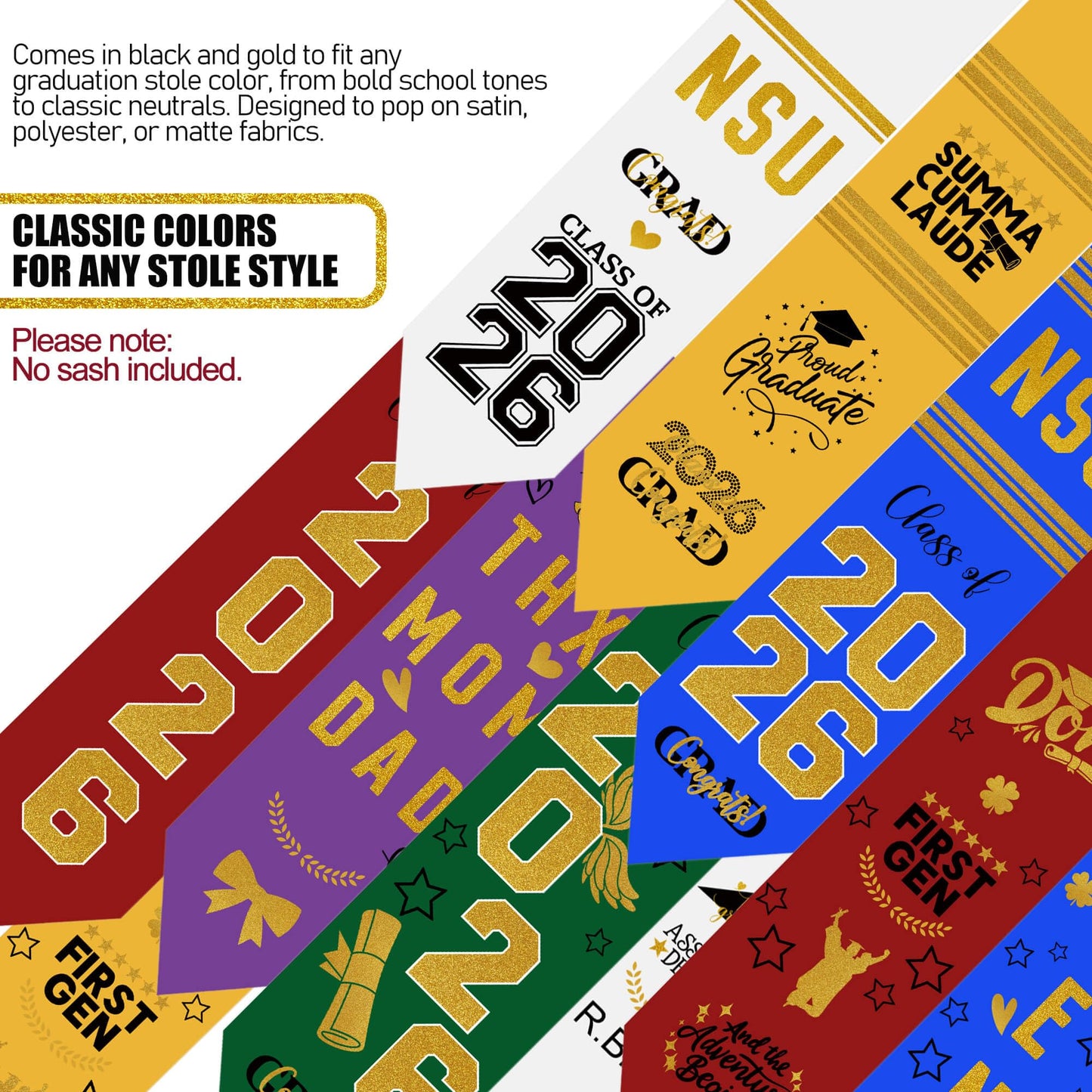 Graduation Stole Sash Class of 2026 Decorations DIY Customize Graduation Stole Graduation Sash Personalized Iron-On Decals Heat Transfer Vinyl HTV Cutouts Set