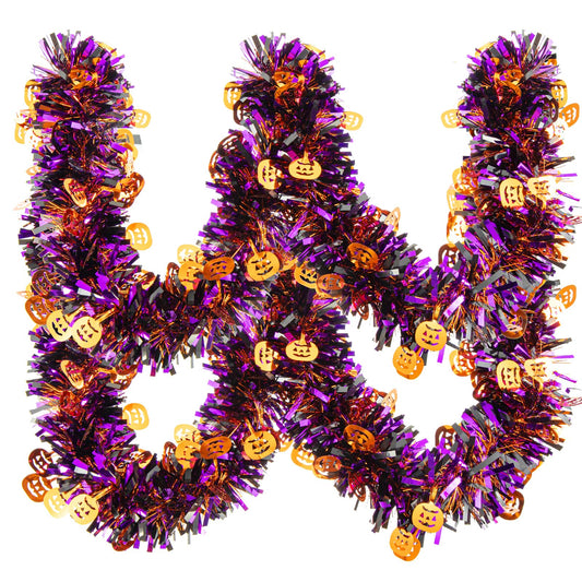 Gloreyan 33FT Halloween Tinsel Garland, Pumpkin Metallic Twist Foil Tinsel Garland Pumpkin Shiny Hanging Decorations for Halloween Party Decoration Supply