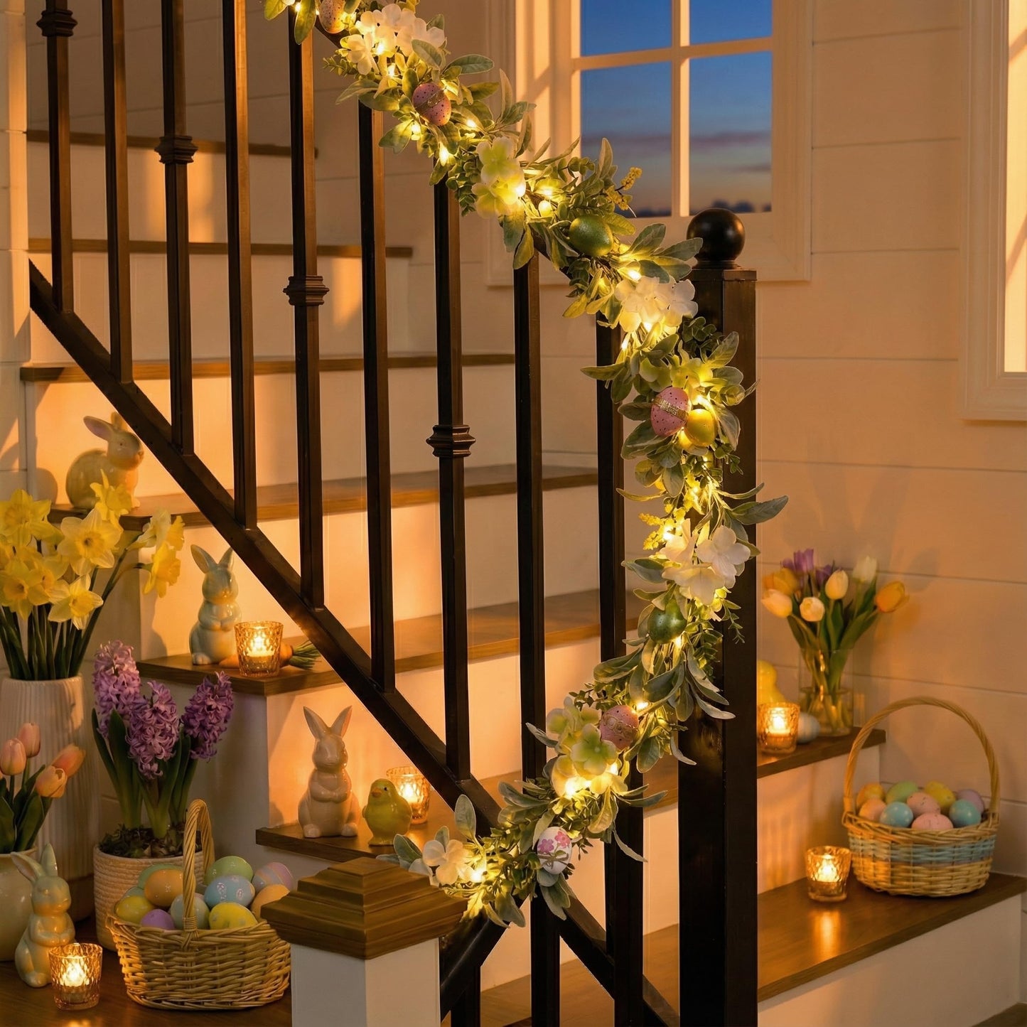 6ft Lighted Easter Garland for Mantle Fireplace, Artificial Spring Flower Garland with Pastel Eggs & Daisy Flower, Artificial Lambs Ear Greenery Farmhouse Easter Decor for Home Indoor
