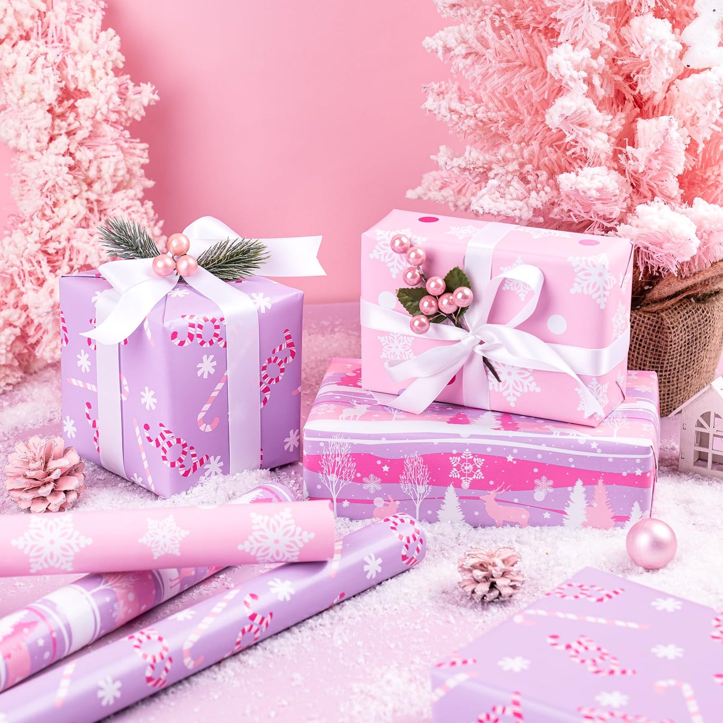 Christmas Wrapping Paper Roll - Mini Roll - 3 Rolls - 17 Inch X 120 Inch Per Roll - Pastel Pink and Purple Reindeer, Candy Cane with JOY, Snowflake Holiday Collection