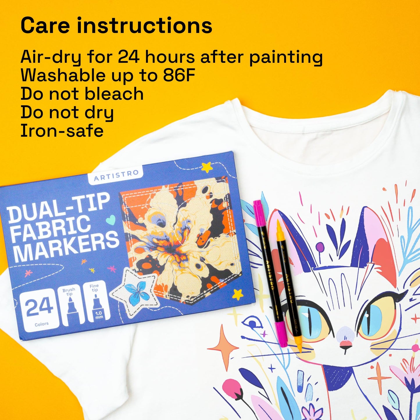 ARTISTRO 24 Fabric Markers - Dual-Tip Fabric Markers Permanent for Clothes - No Bleed Fabric Pens for T-Shirts, Bags, Textile, Canvas, and more (Brush Tip and Fine Tip)