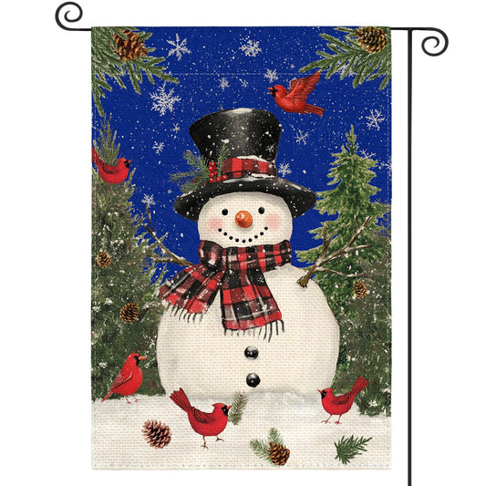 Blue Snowman with Scarf Christmas Garden Flag 12x18 Inch Double Sided, Cardinal Winter Farmhouse Yard Outdoor Decorative Flag