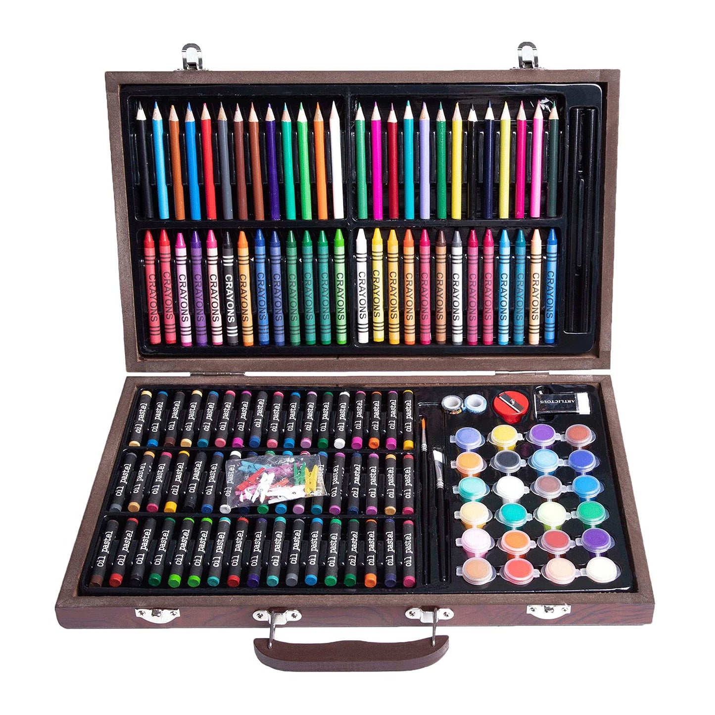 GRANDAN 145 Pieces Deluxe Art Set in Portable Wooden Box Drawing Kit Set with Oil Pastels, Crayons, Colored Pencils, Watercolor Cakes, Brushes, Wooden Case Art Supplies (Wooden)
