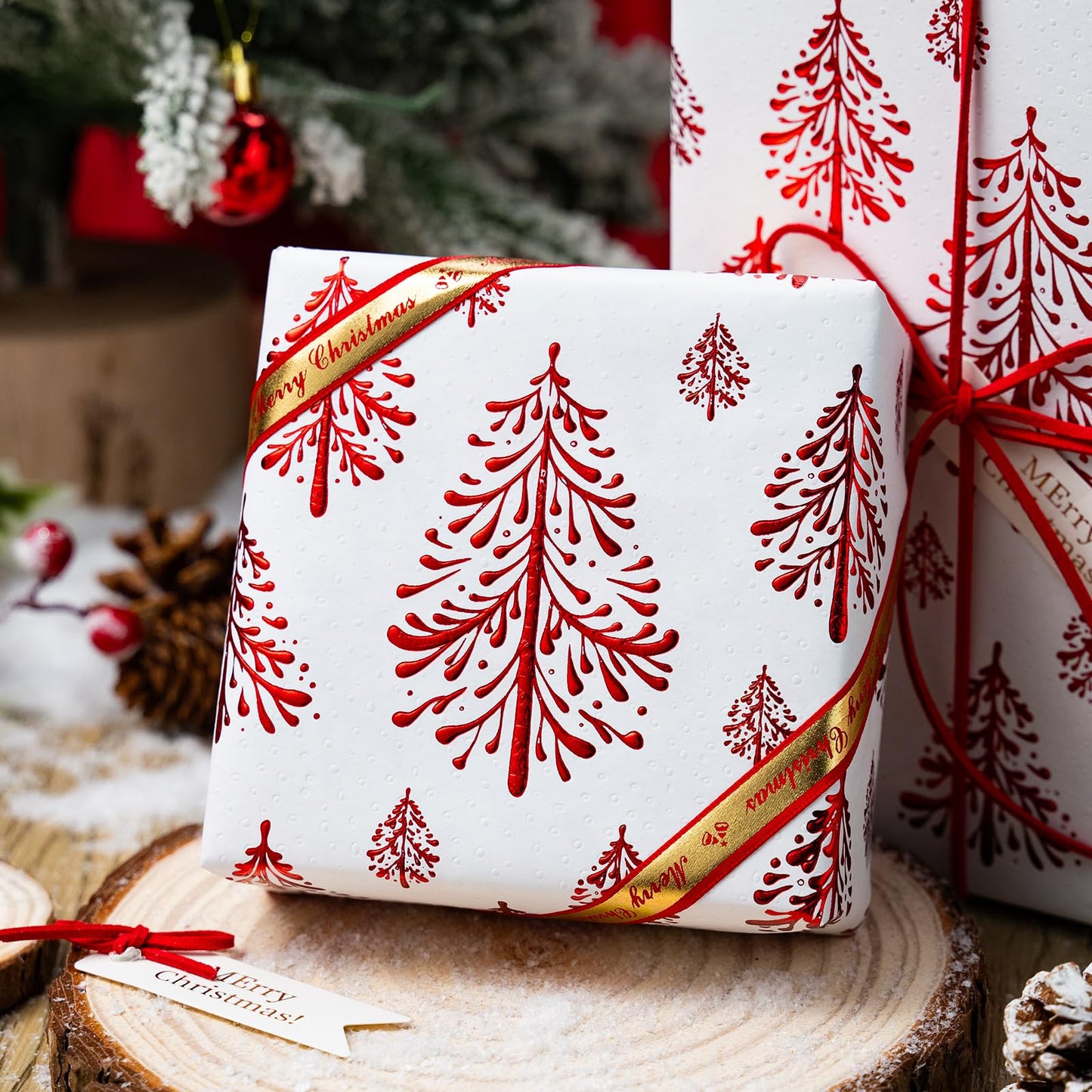 Kraft Christmas Wrapping Paper-White 3D Embossed Gold Foil Christmas Pine Tree with Woodlands for Holiday, Party,Celebration, New Year (17 Inch X 32.8 Feet)